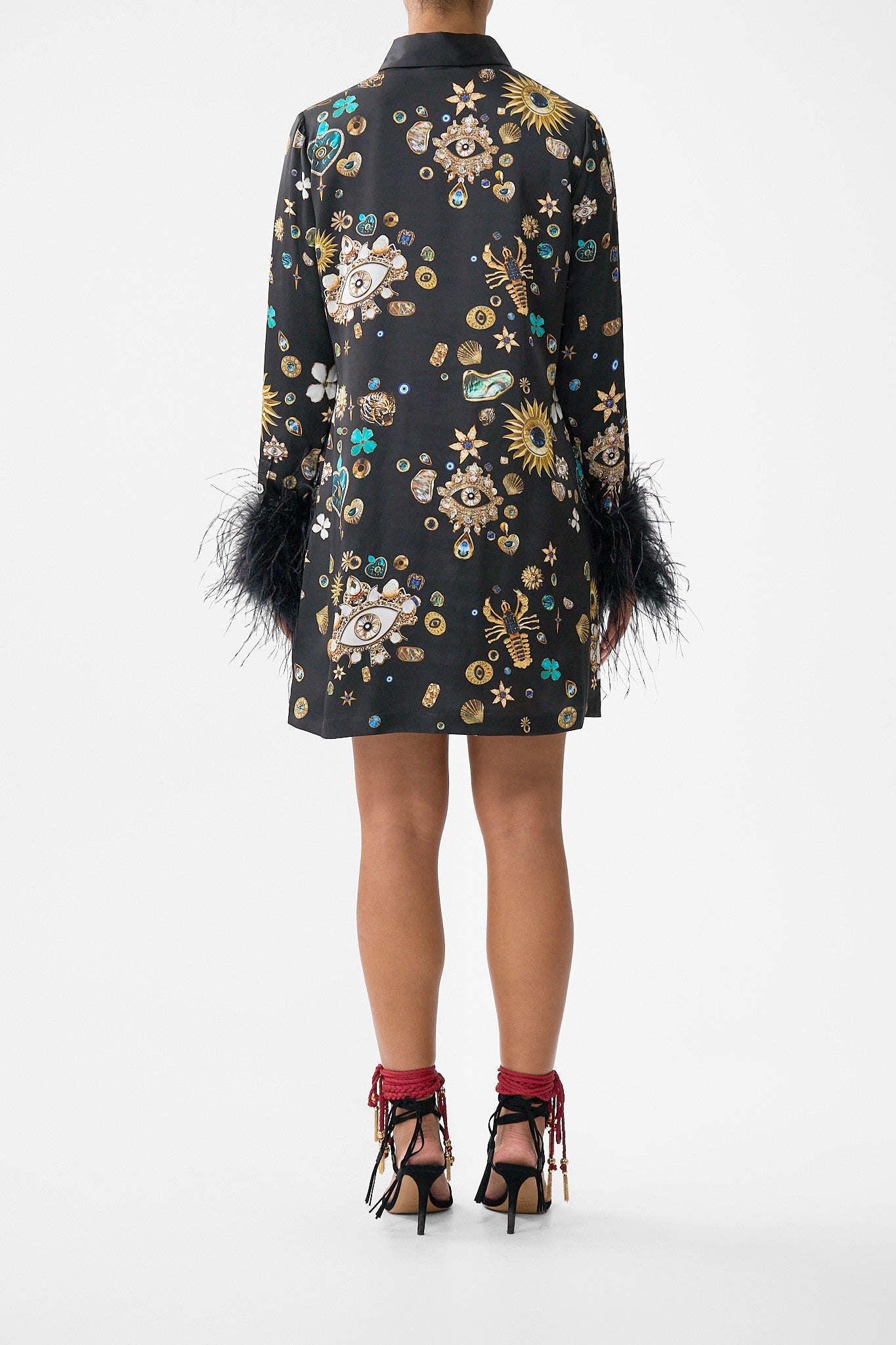 MINI SHIRT DRESS WITH FEATHERS AMULETS AND ALCHEMY
