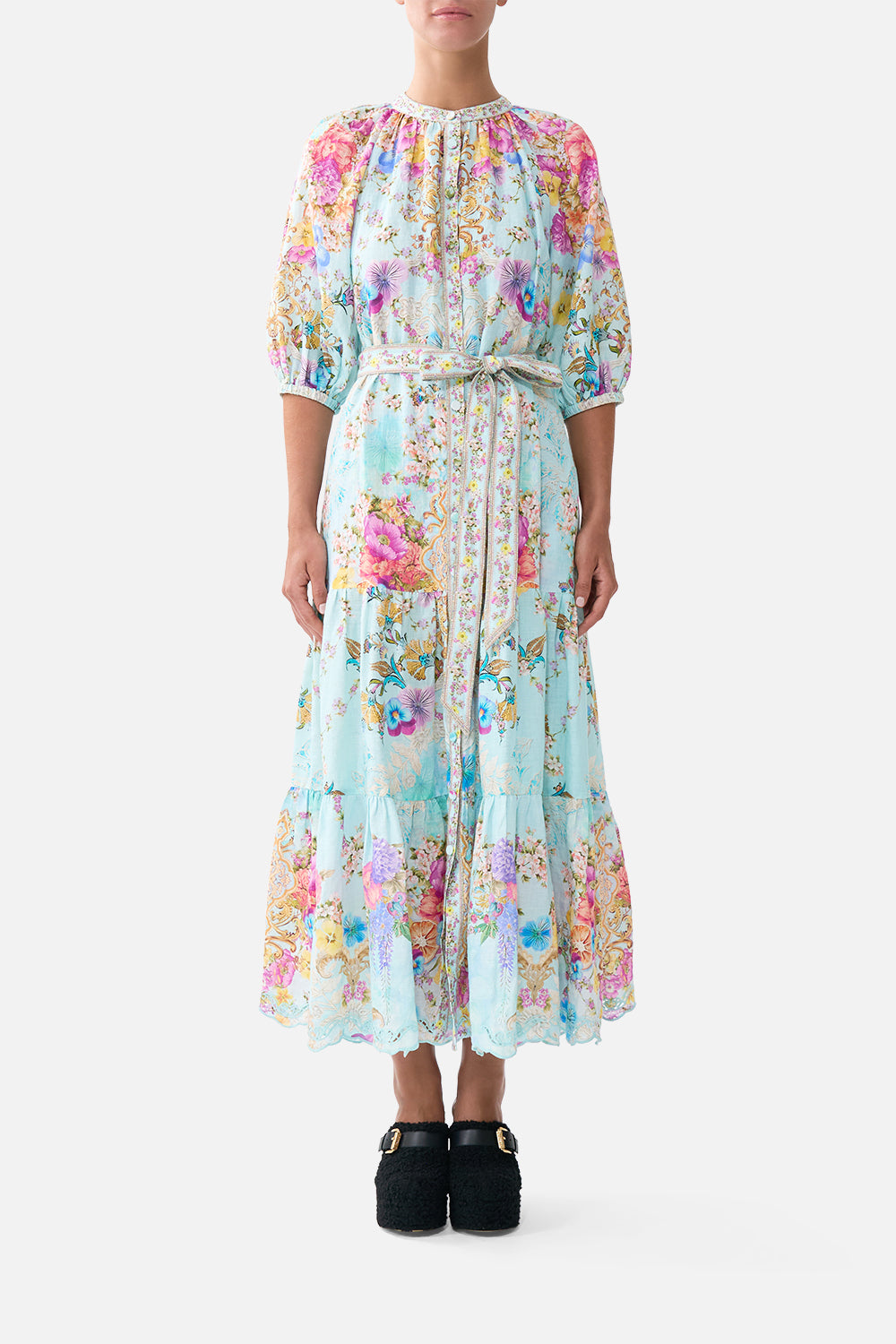 VESTIDO CAMISERO MIDI DE MANGA ABULLONADA CON LAZO BAZAAR BLOOMS