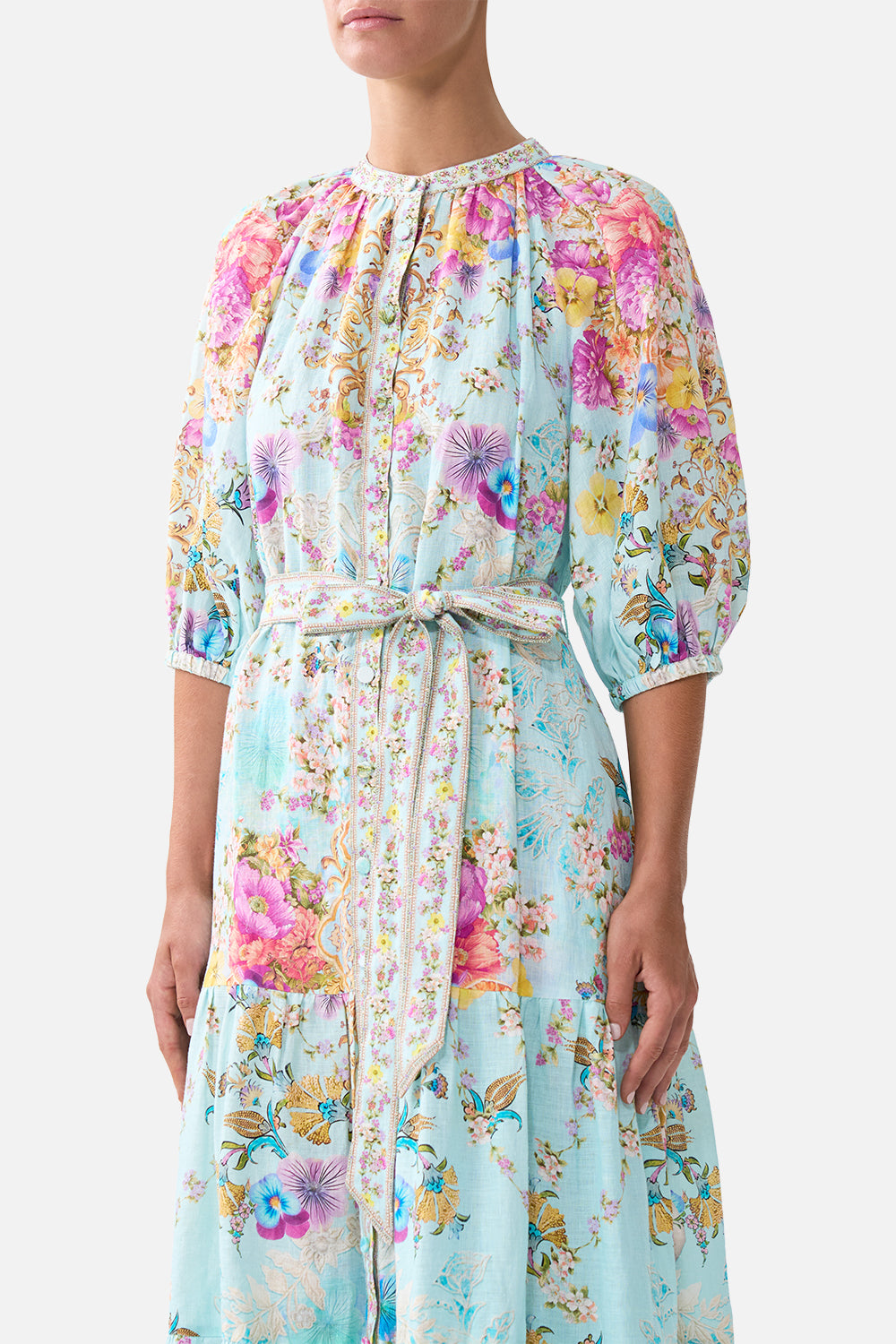 VESTIDO CAMISERO MIDI DE MANGA ABULLONADA CON LAZO BAZAAR BLOOMS