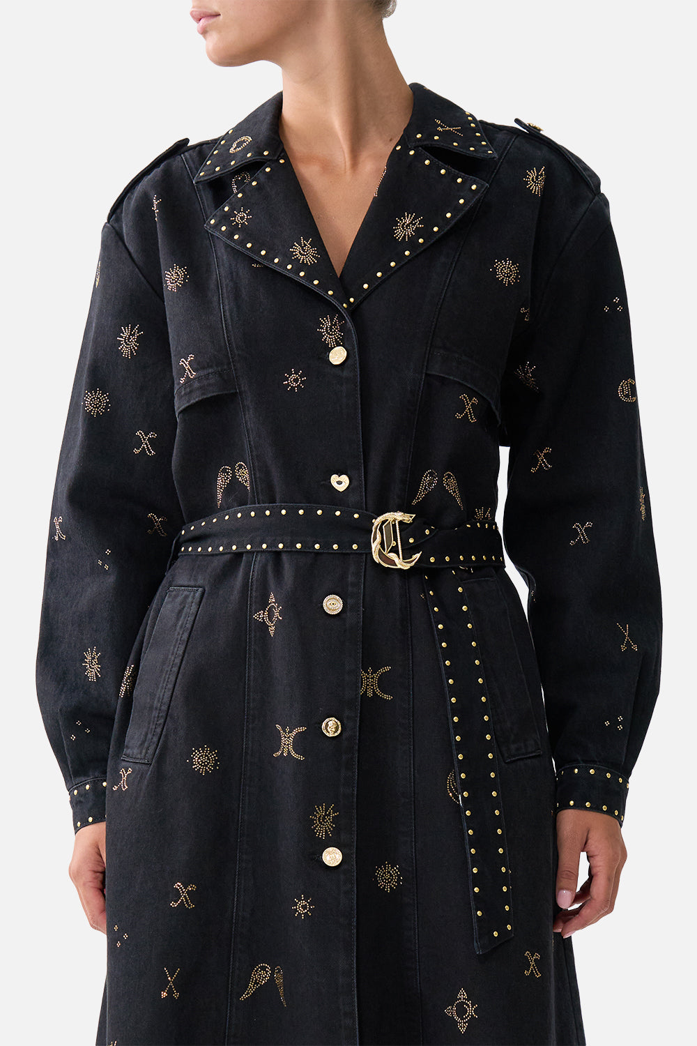 HEIRLOOM EMPIRE LONGLINE BELTED TRENCH COAT DENIM