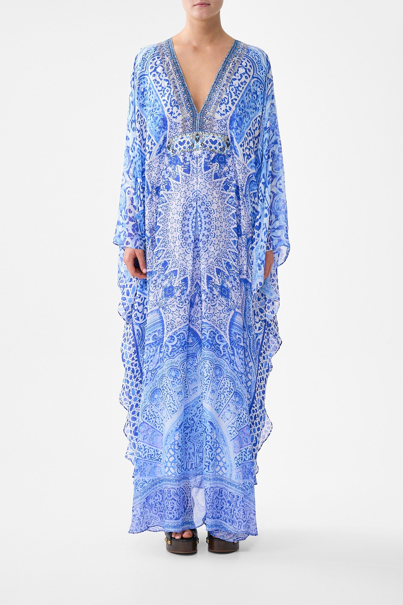 The CAMILLA LONG KAFTAN WITH WAIST DETAIL THE BOSPHOROUS in our THE BOSPHOROUS print.