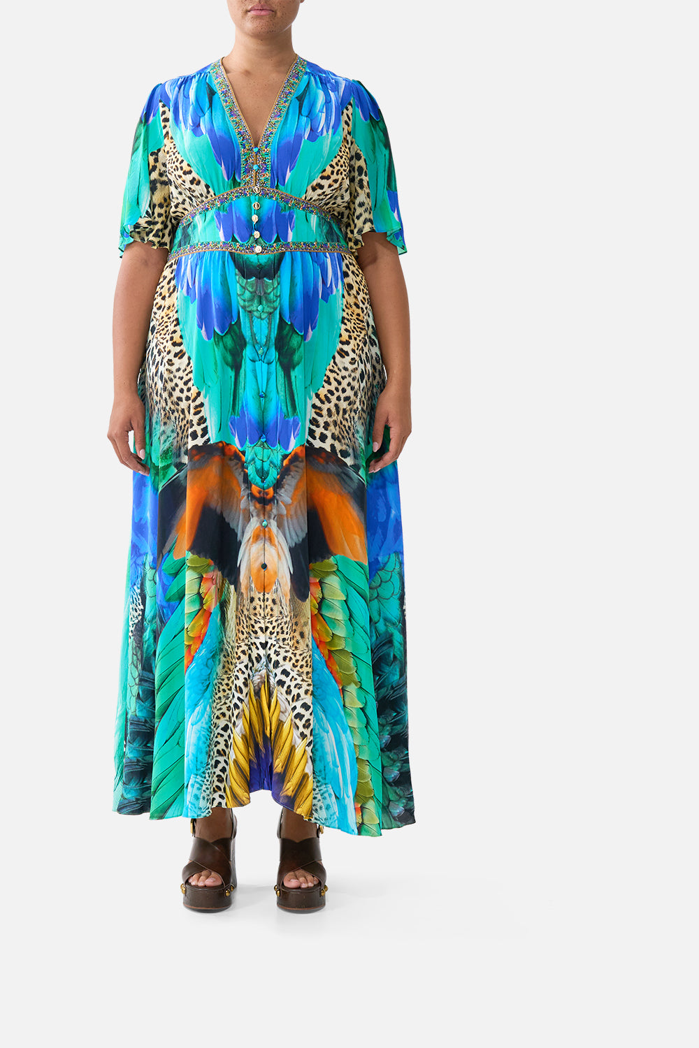 SHAPED WAISTBAND DRESS WITH FLUTTER SLEEVES JUNGLE FLIGHT