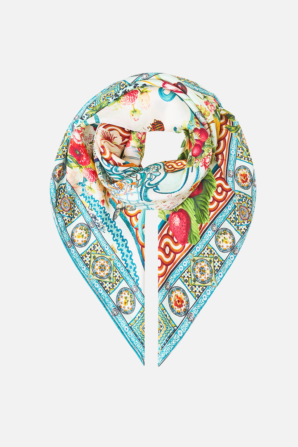 The CAMILLA LARGE CRYSTALLED SILK SQUARE SCARF MAGIC OF THE MERCADO in our MAGIC OF THE MERCADO print.