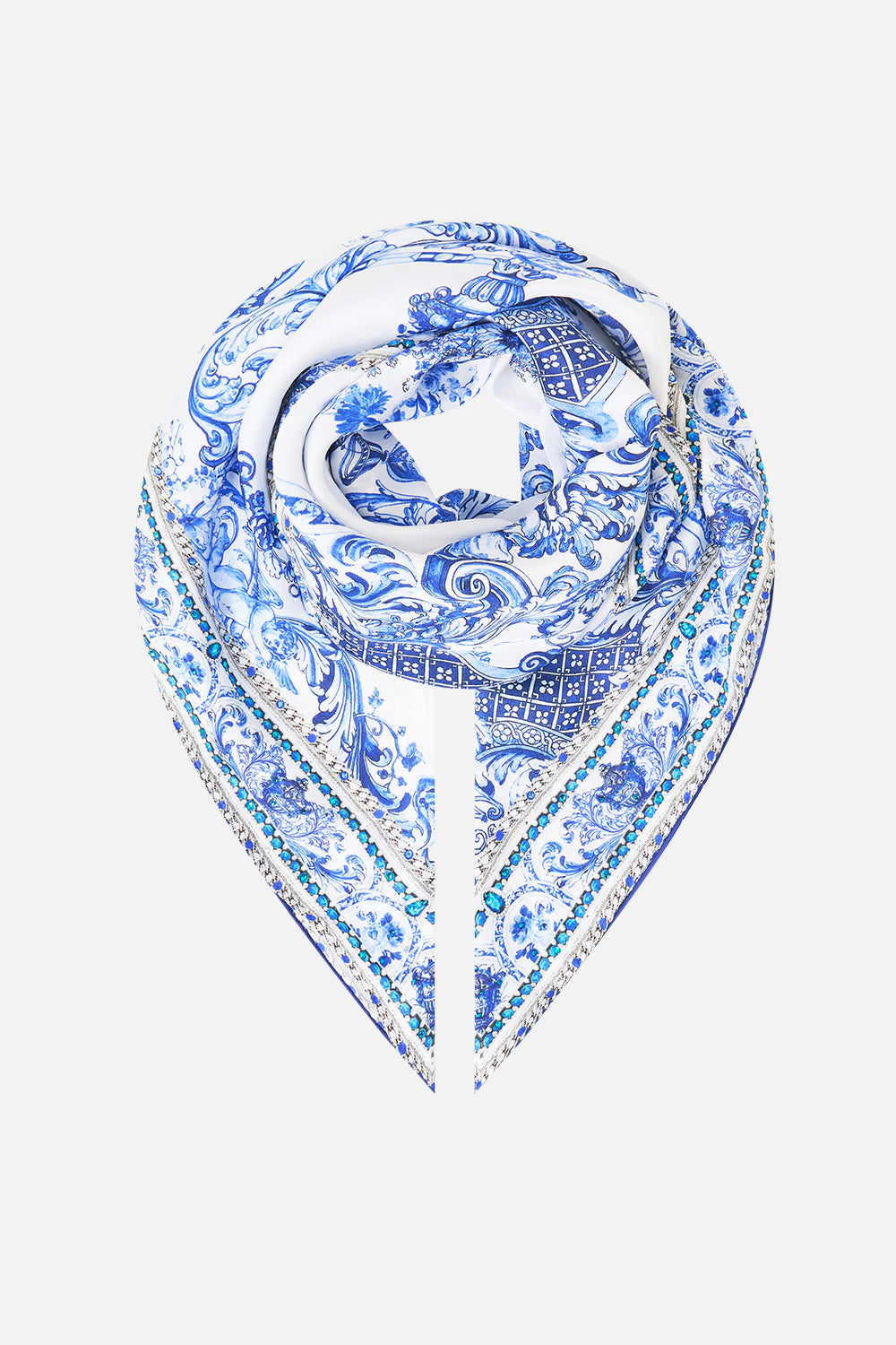 The CAMILLA LARGE CRYSTALLED SILK SQUARE SCARF CERAMIC PANORAMIC in our CERAMIC PANORAMIC print.