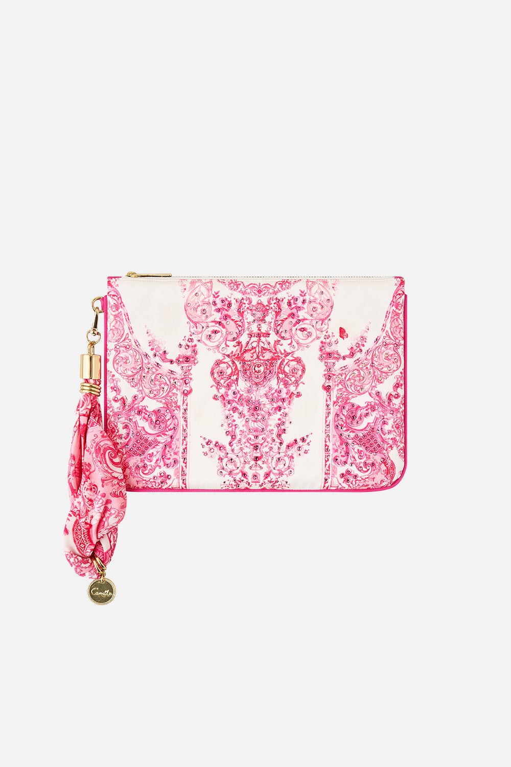 The CAMILLA SCARF CLUTCH LIVIN LA VIDA ROSA in our LIVIN LA VIDA ROSA print.