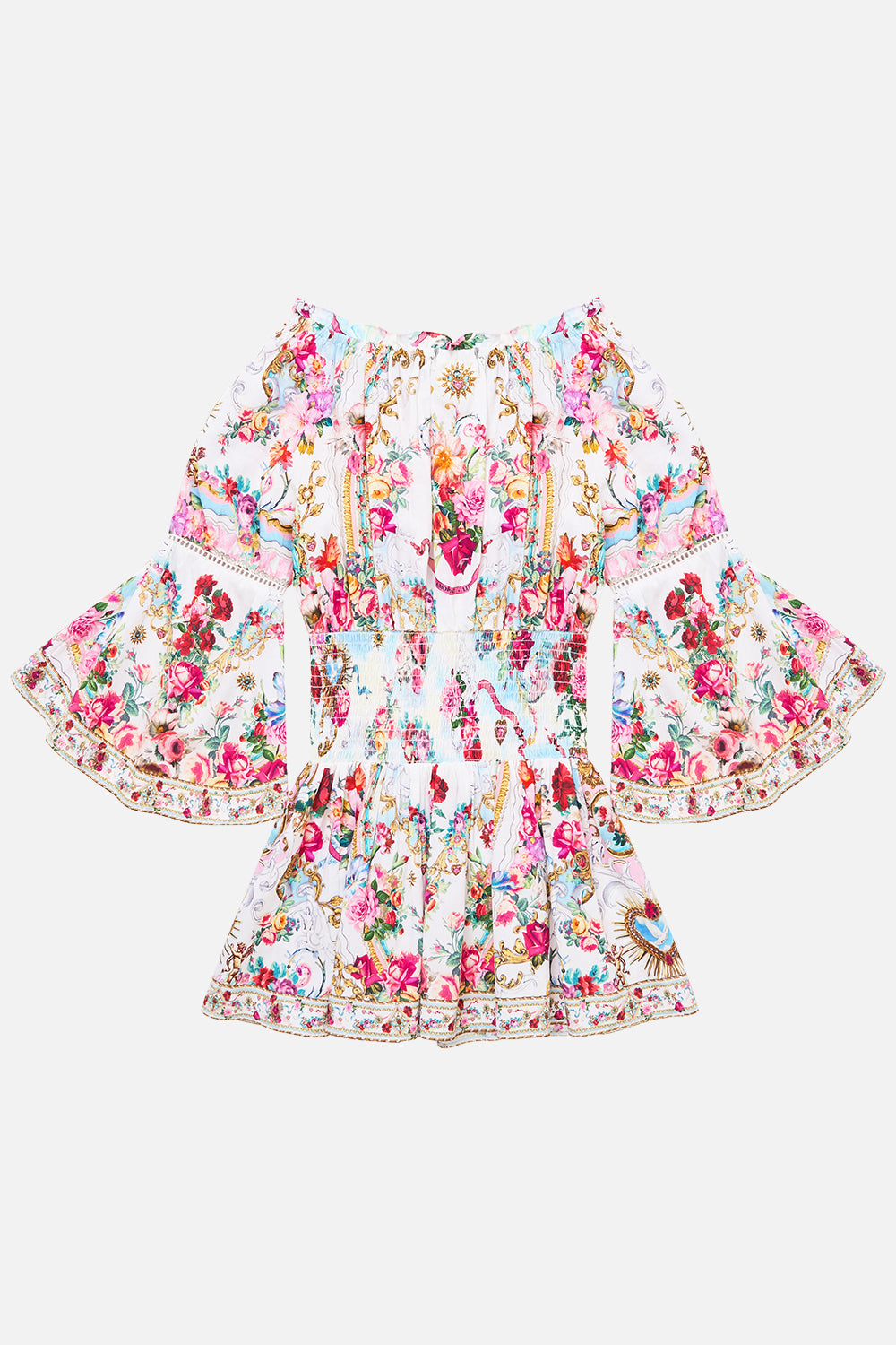 KIDS OFF SHOULDER SHIRRED WAIST MINI DRESS TORERO LIBERTINE