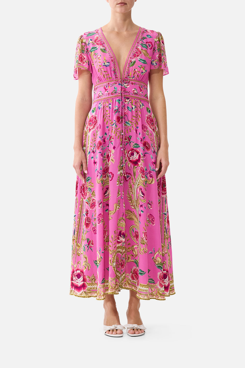 v front midi dress CAMILLA | V-Neck Tie Front Midi Dress Matadora Flora, S PINK | Matadora FLORA