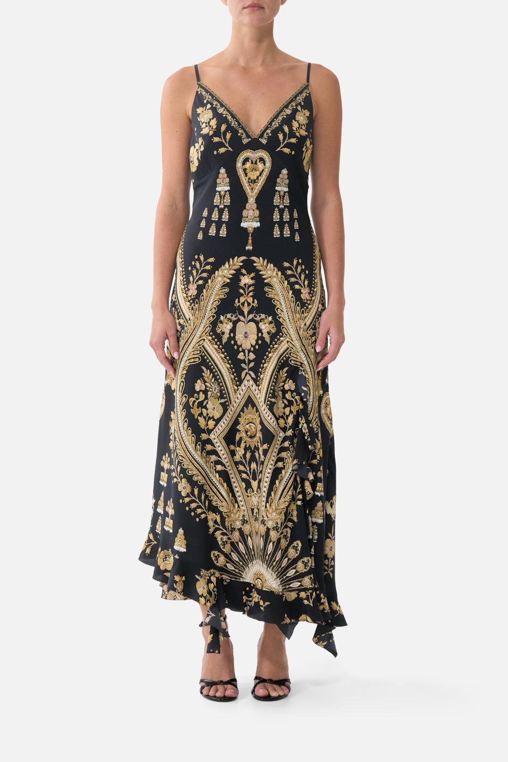 The CAMILLA BIAS SLIP DRESS WITH FRILL HEM TAURUS RISING in our TAURUS RISING print.