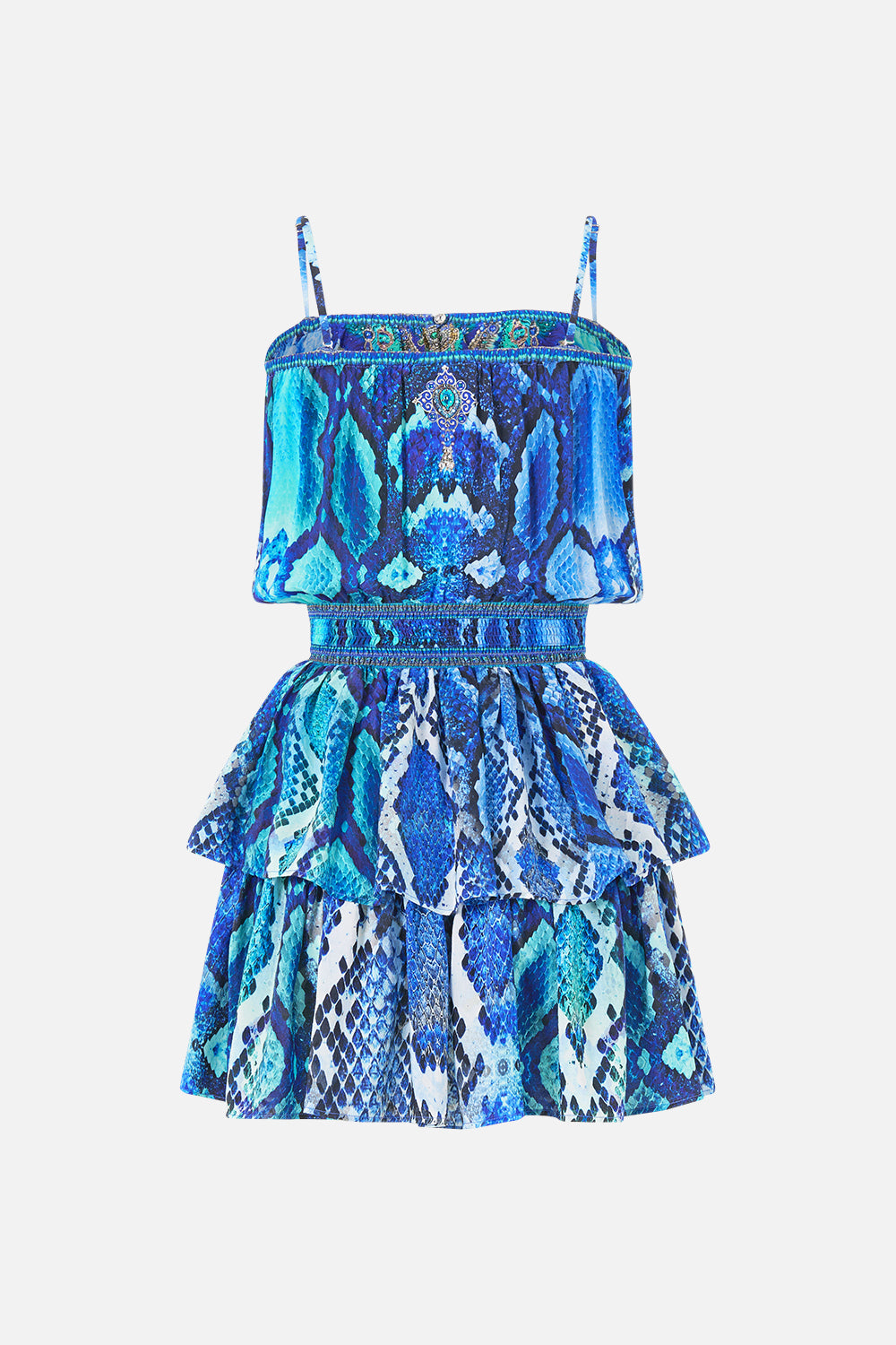 The CAMILLA SHIRRED WAIST MINI DRESS THE SAPPHIRE SERPENT in our  print.