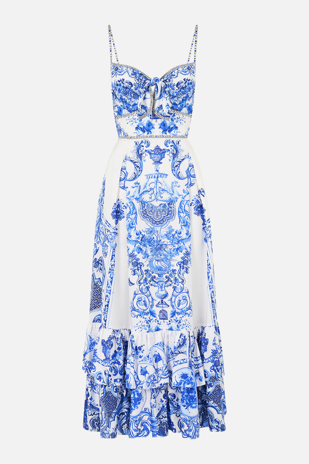 RUFFLE HEM TIE FRONT MIDI DRESS CERAMIC PANORAMIC
