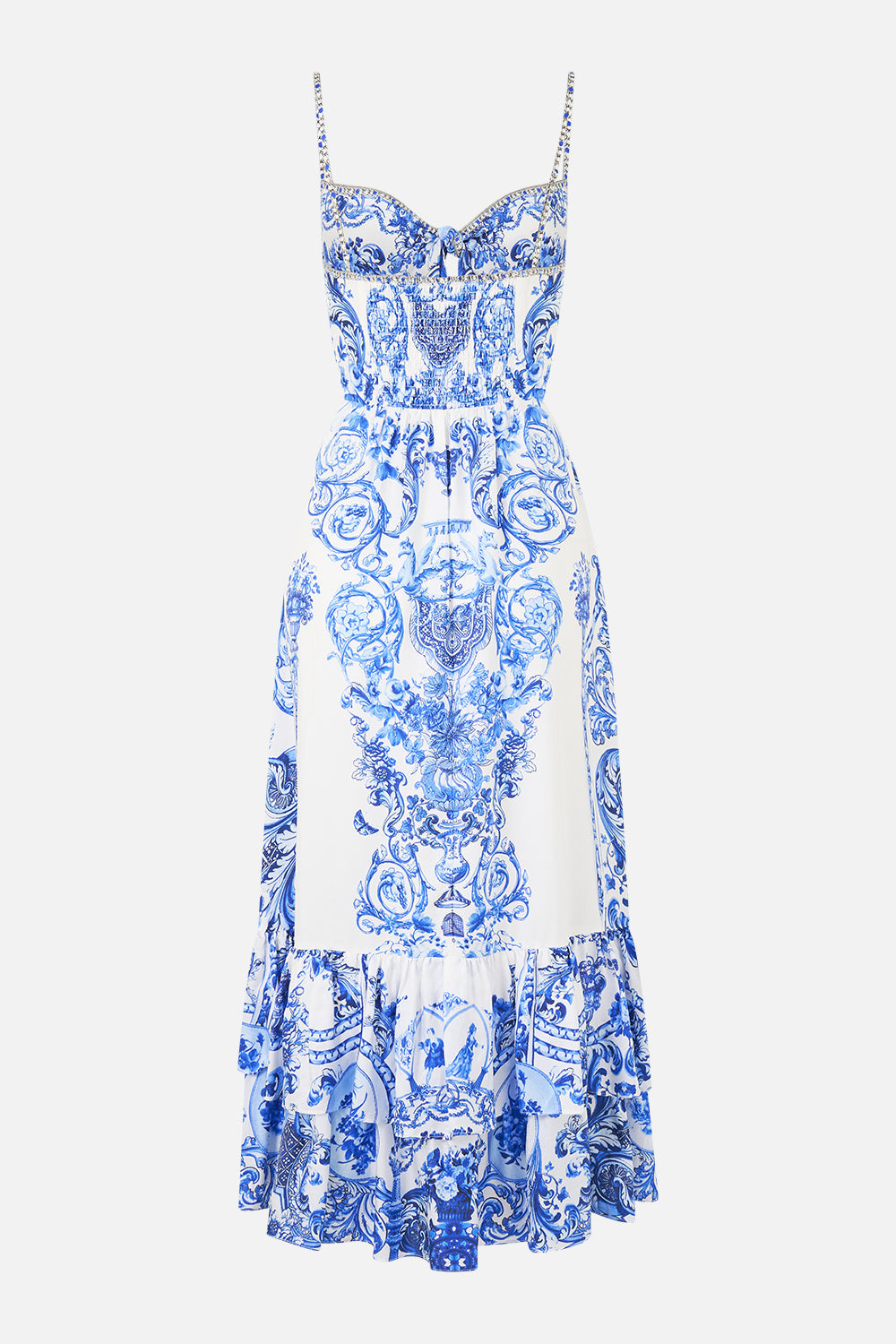 The Ceramic Panoramic Ruffle Hem Tie Front Midi Dress | CAMILLA US