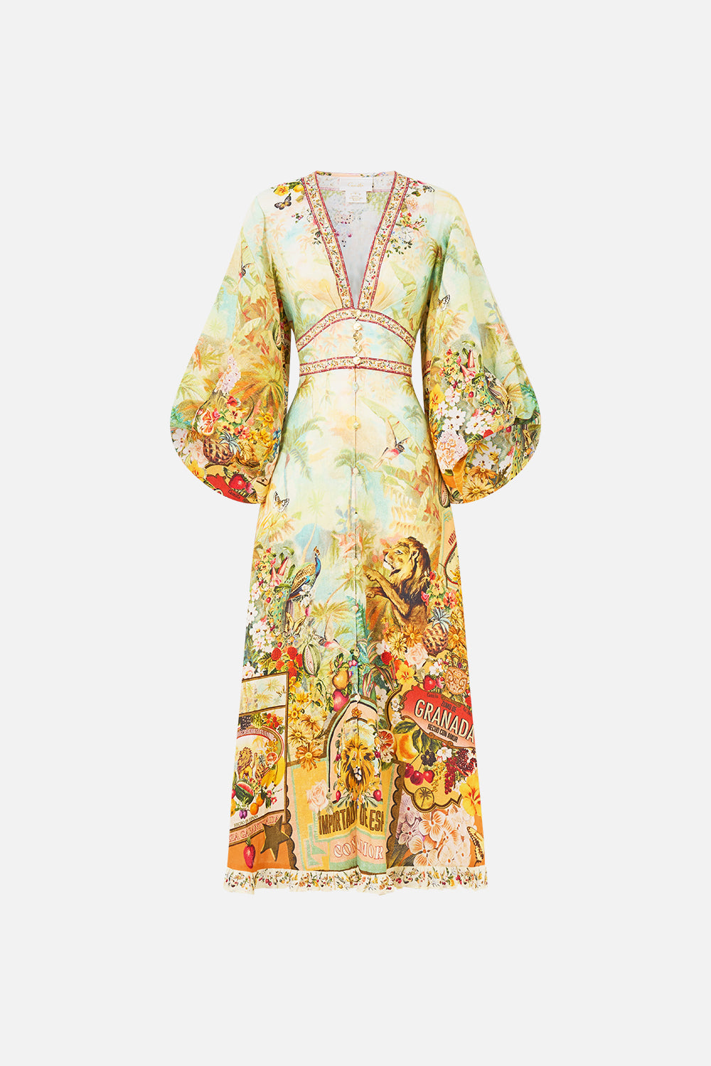 The CAMILLA shaped waistband midi dress in our print Va Va Vintage. Front view.