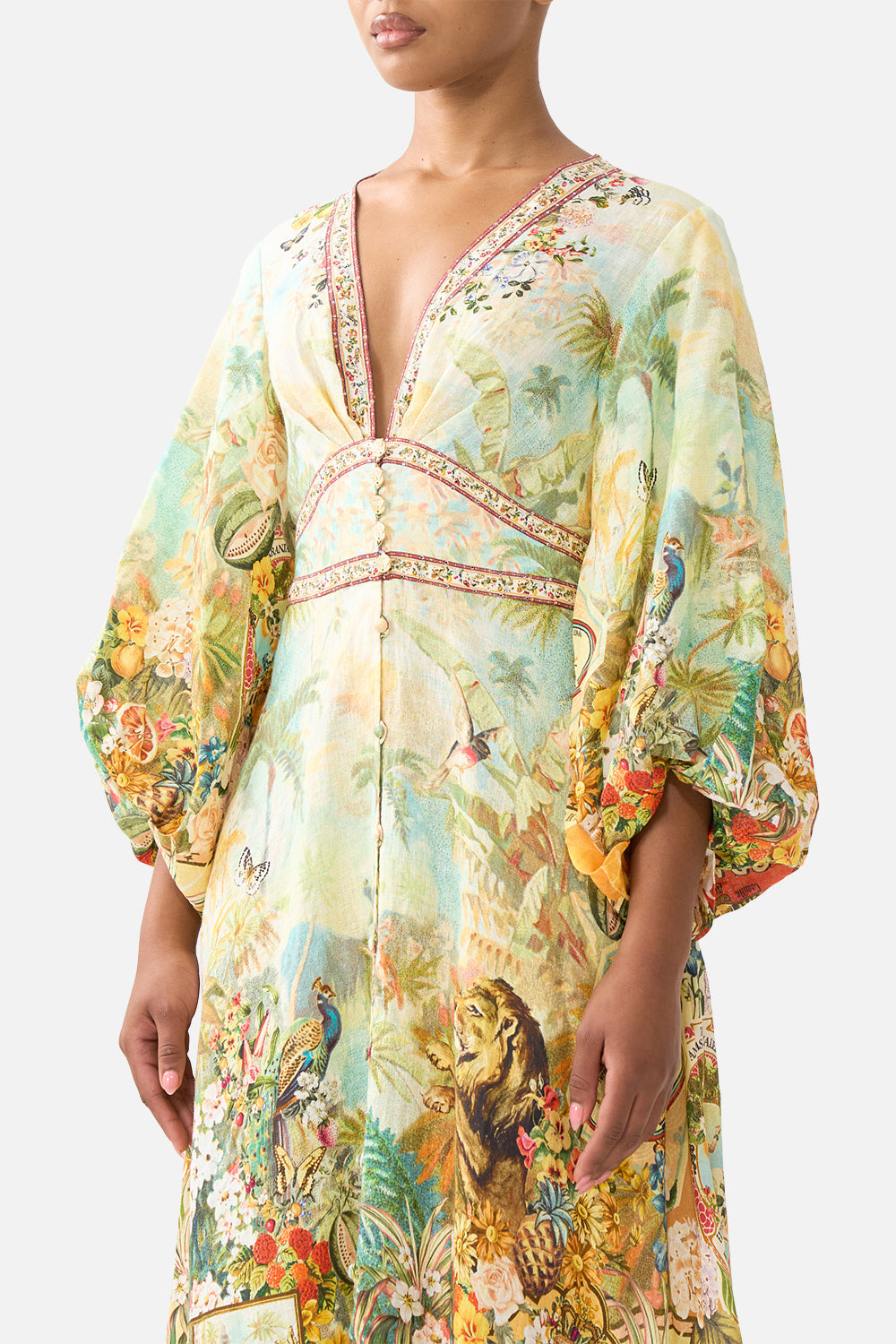 The CAMILLA shaped waistband midi dress in our print Va Va Vintage. Side model view.