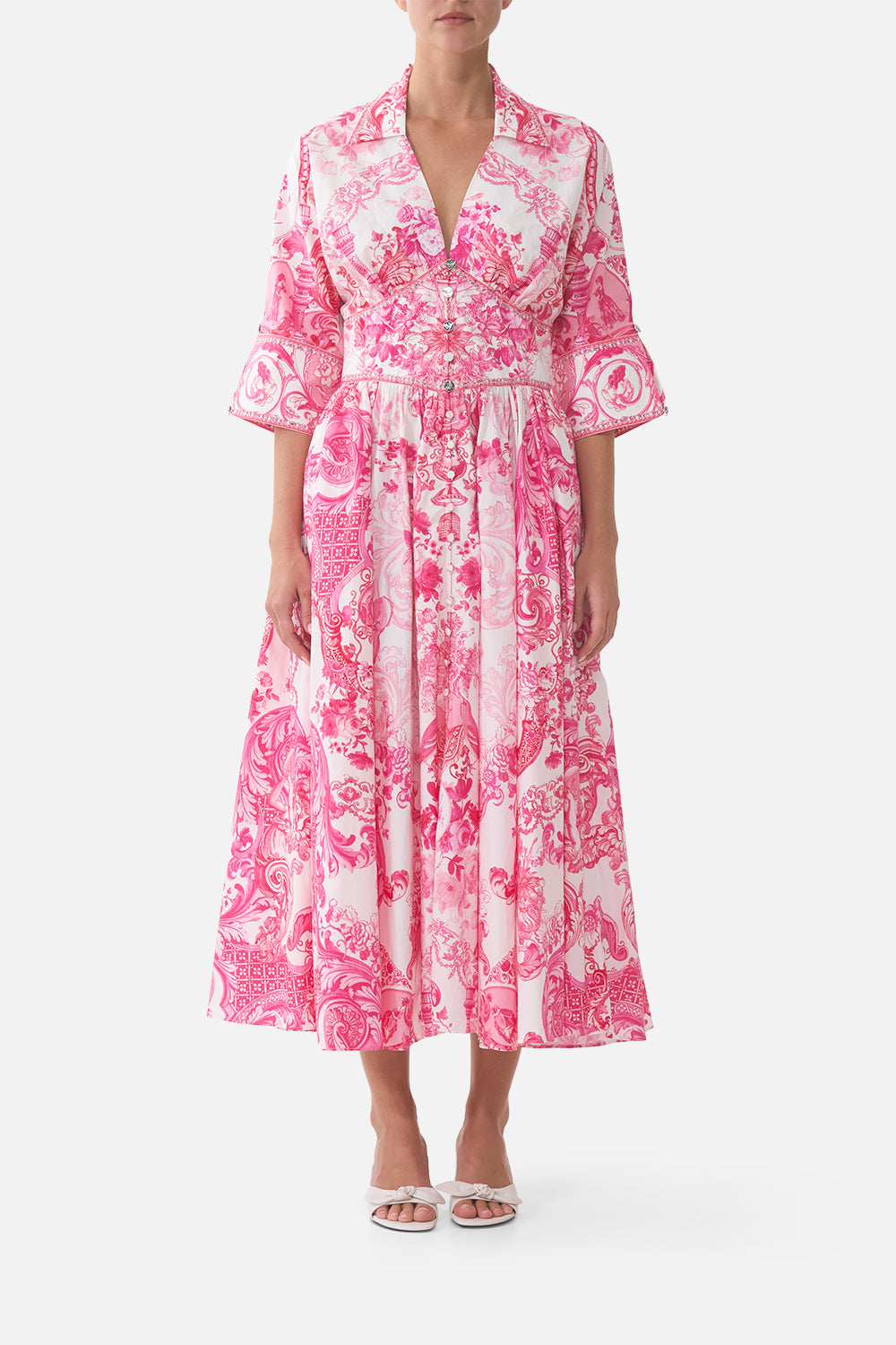 VESTIDO MIDI CON CINTURA MOLDEADA LIVIN LA VIDA ROSA