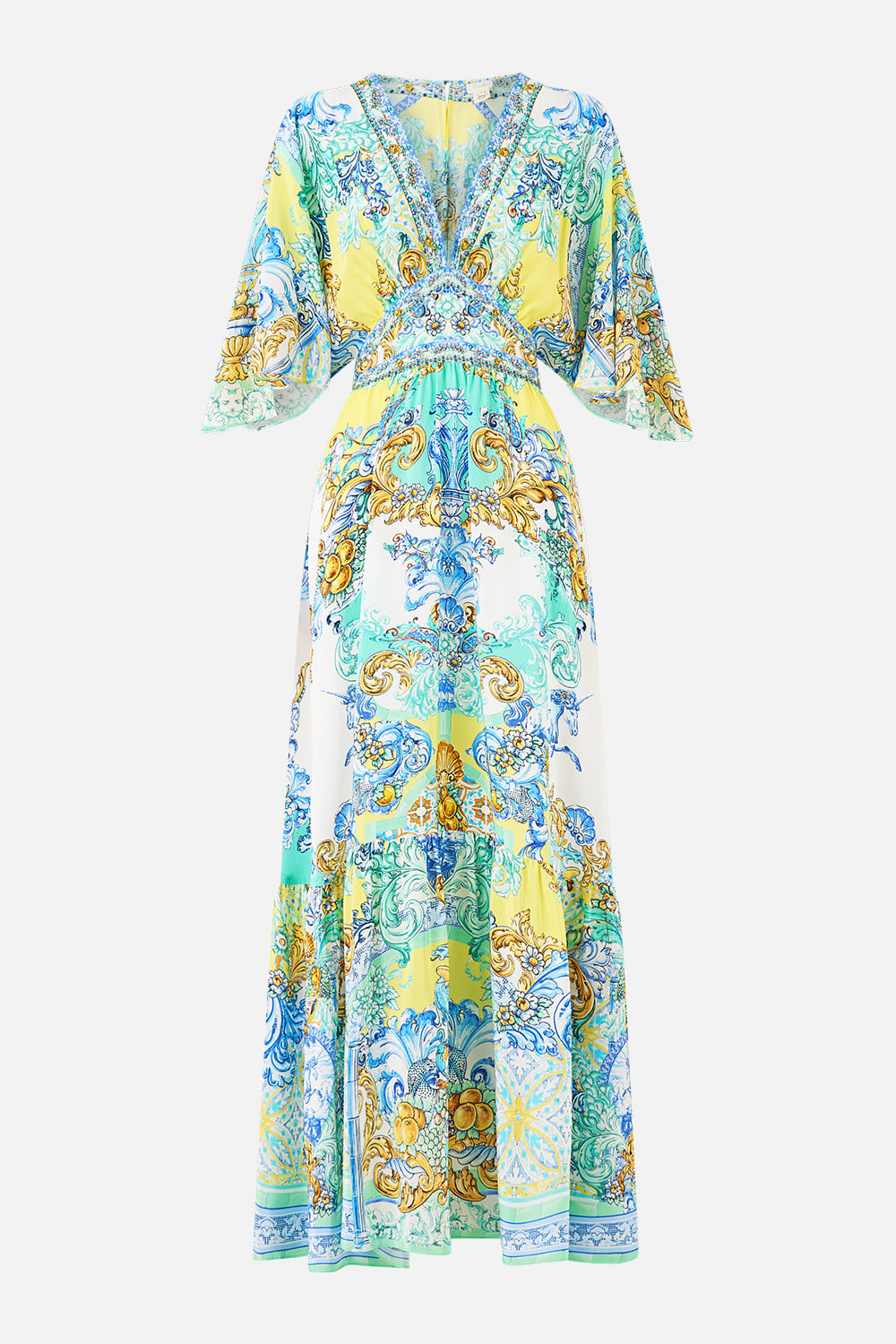 The CAMILLA WAISTED DRESS WITH HEM RUFFLE DIAL UP THE TILES in our  print.