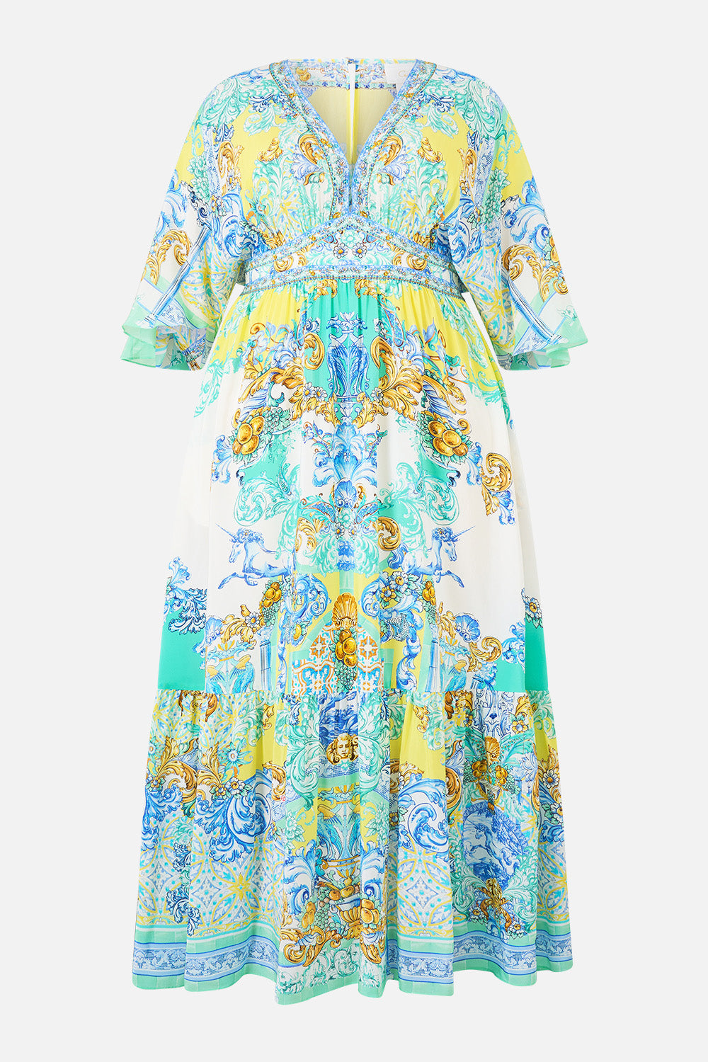 The CAMILLA WAISTED DRESS WITH HEM RUFFLE DIAL UP THE TILES in our  print.