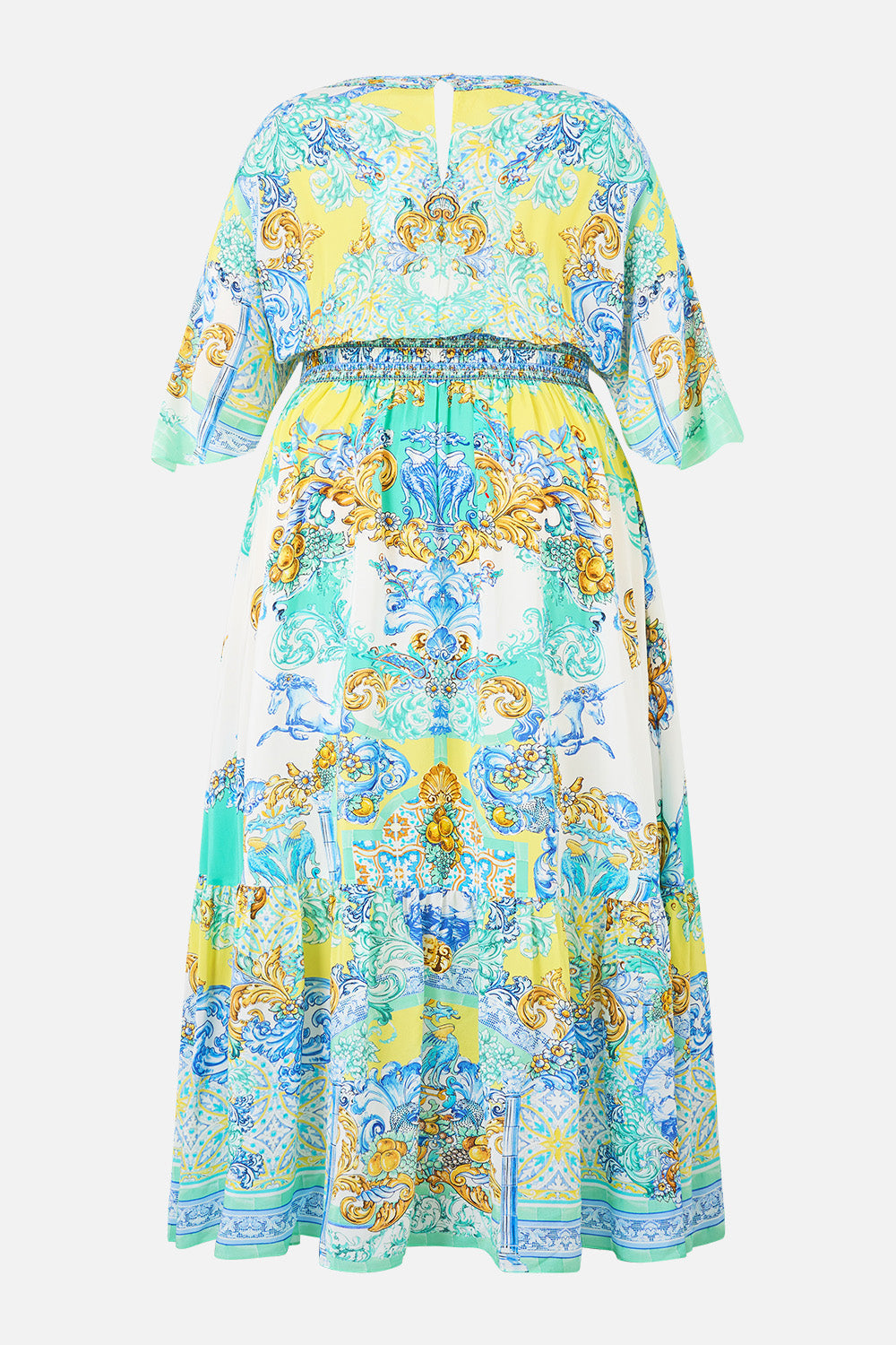 The CAMILLA WAISTED DRESS WITH HEM RUFFLE DIAL UP THE TILES in our  print.