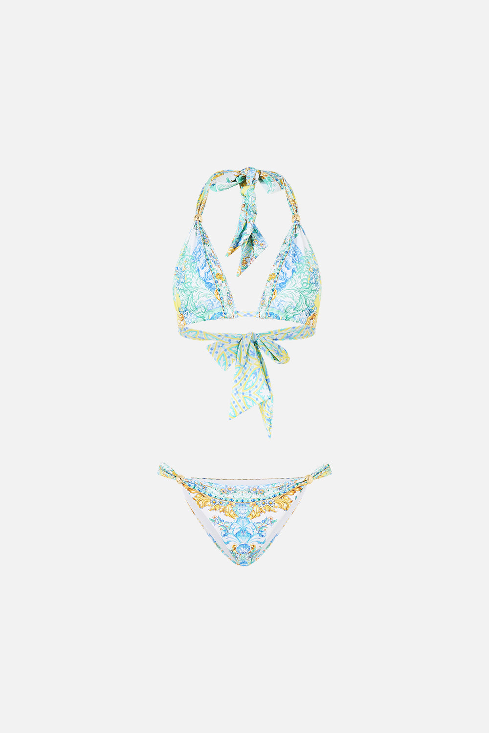 CONJUNTO DE BIKINI TRIANGULAR GRUESO CON RIBETES SUBE EL TONO DE LOS AZULEJOS