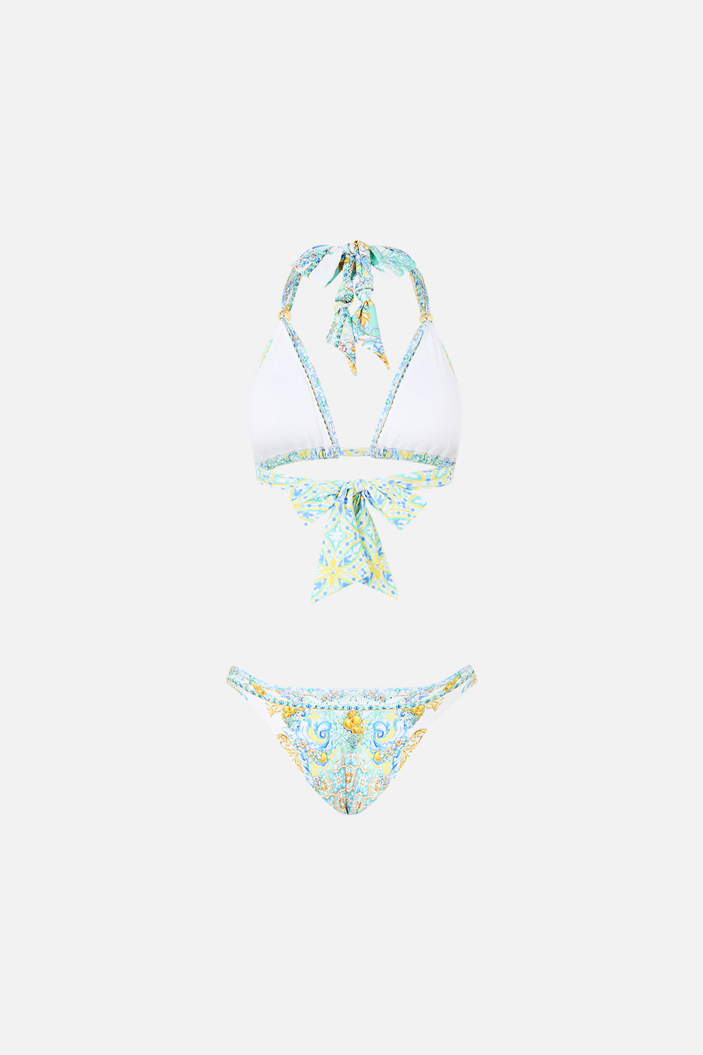CONJUNTO DE BIKINI TRIANGULAR GRUESO CON RIBETES SUBE EL TONO DE LOS AZULEJOS