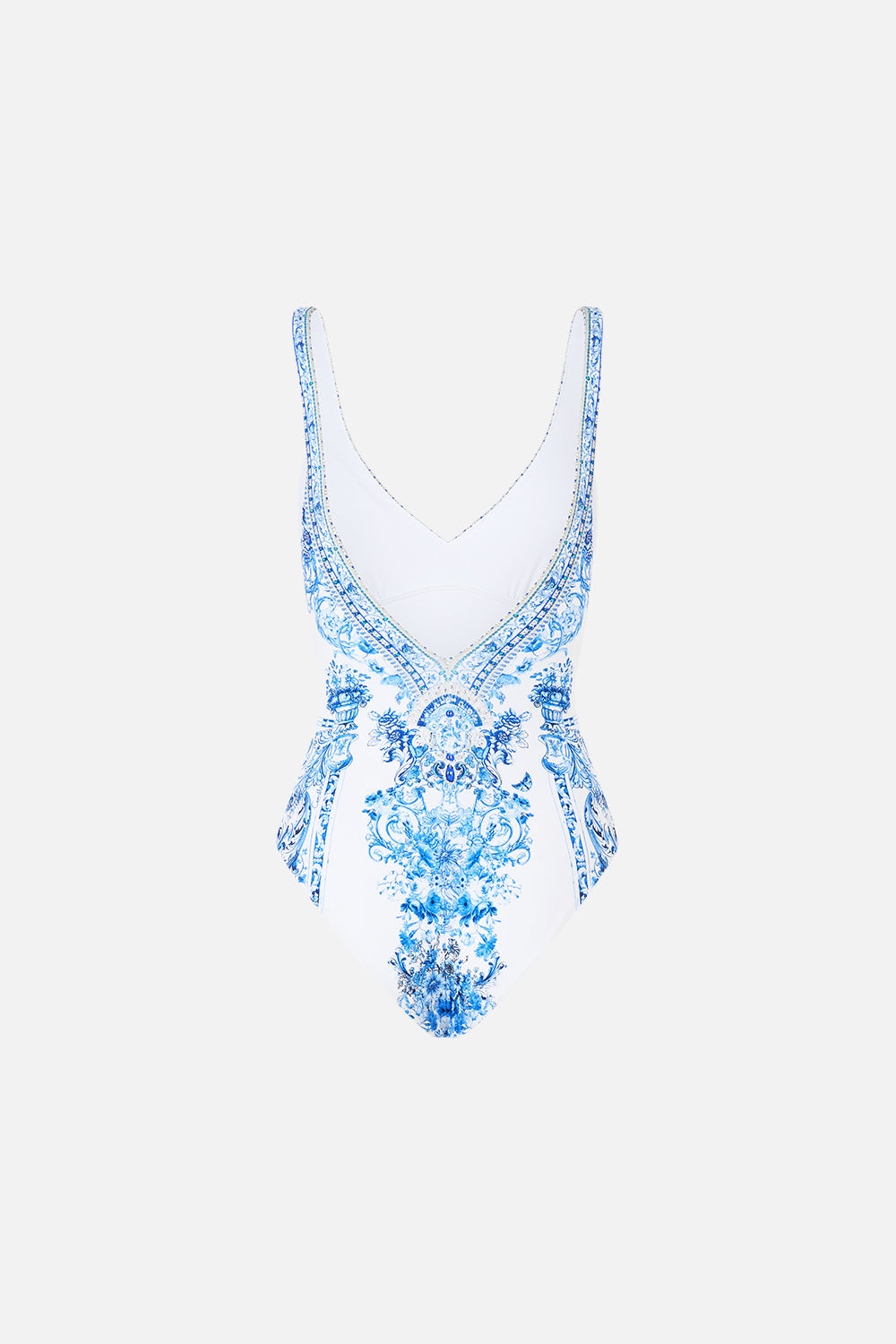 The CAMILLA V NECK ONE PIECE WITH V BACK CERAMIC PANORAMIC in our  print.
