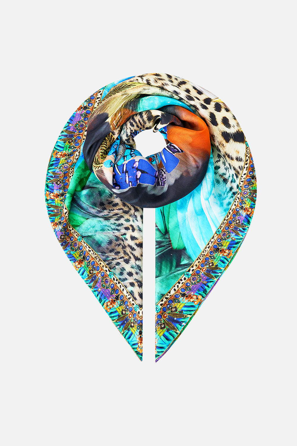 PAÑUELO GRANDE DE SEDA ESTAMPADO VUELO EN LA SELVA