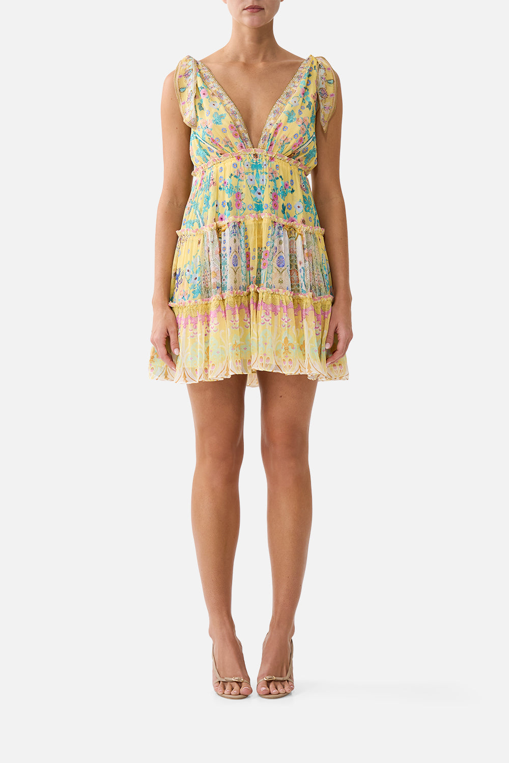 The CAMILLA tiered short dress with shoulder ties in our print Barcelona Bebé. Front model view.