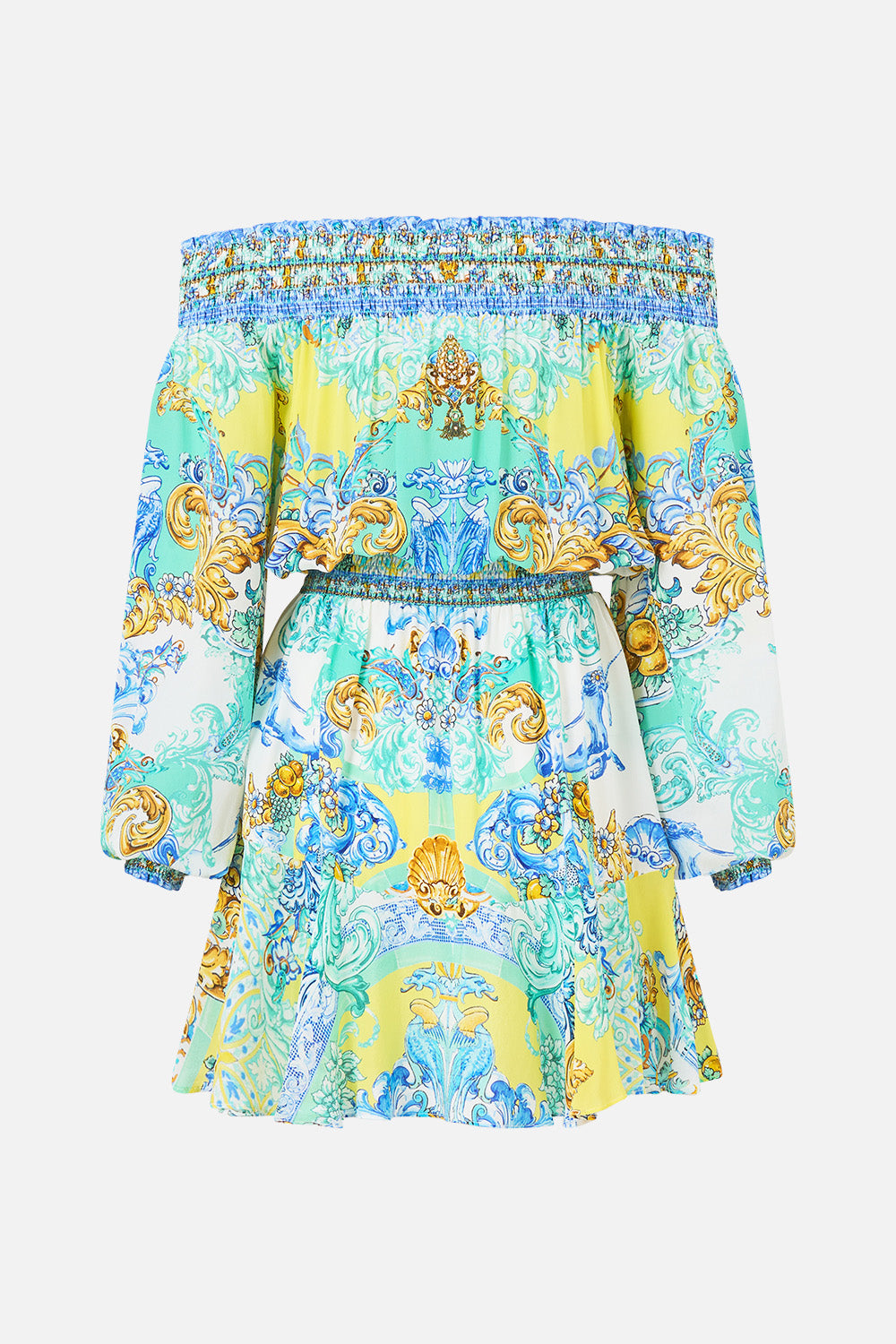 The CAMILLA OFF SHOULDER SHORT DRESS DIAL UP THE TILES in our  print.