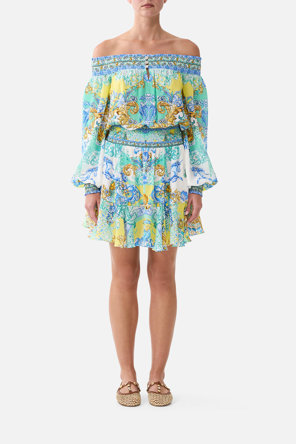 The CAMILLA OFF SHOULDER SHORT DRESS DIAL UP THE TILES in our DIAL UP THE TILES print.