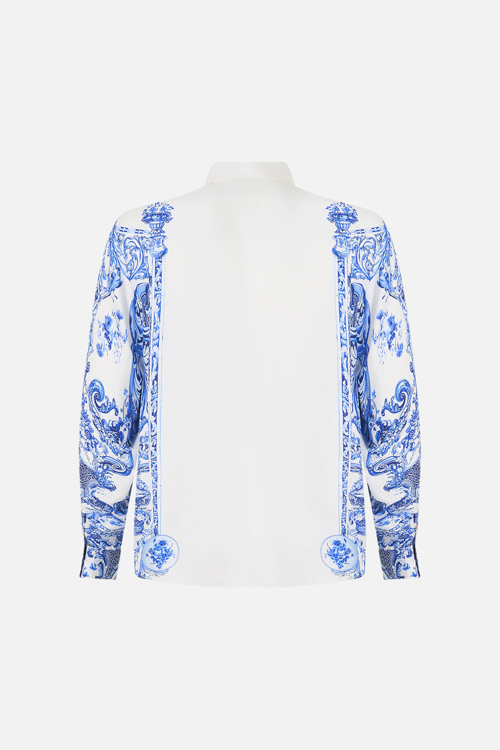 The CAMILLA LONG SLEEVE HIDDEN PLACKET SHIRT CERAMIC PANORAMIC in our  print.