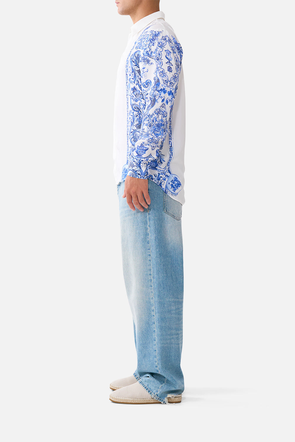 The CAMILLA LONG SLEEVE HIDDEN PLACKET SHIRT CERAMIC PANORAMIC in our  print.