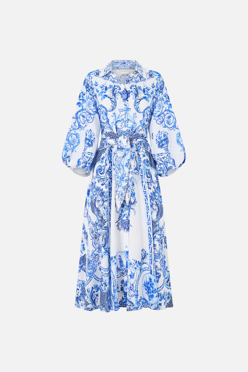 VESTIDO CAMISERO CON LAZO EN LA CINTURA Y MANGA ABULLONADA CERAMIC PANORAMIC