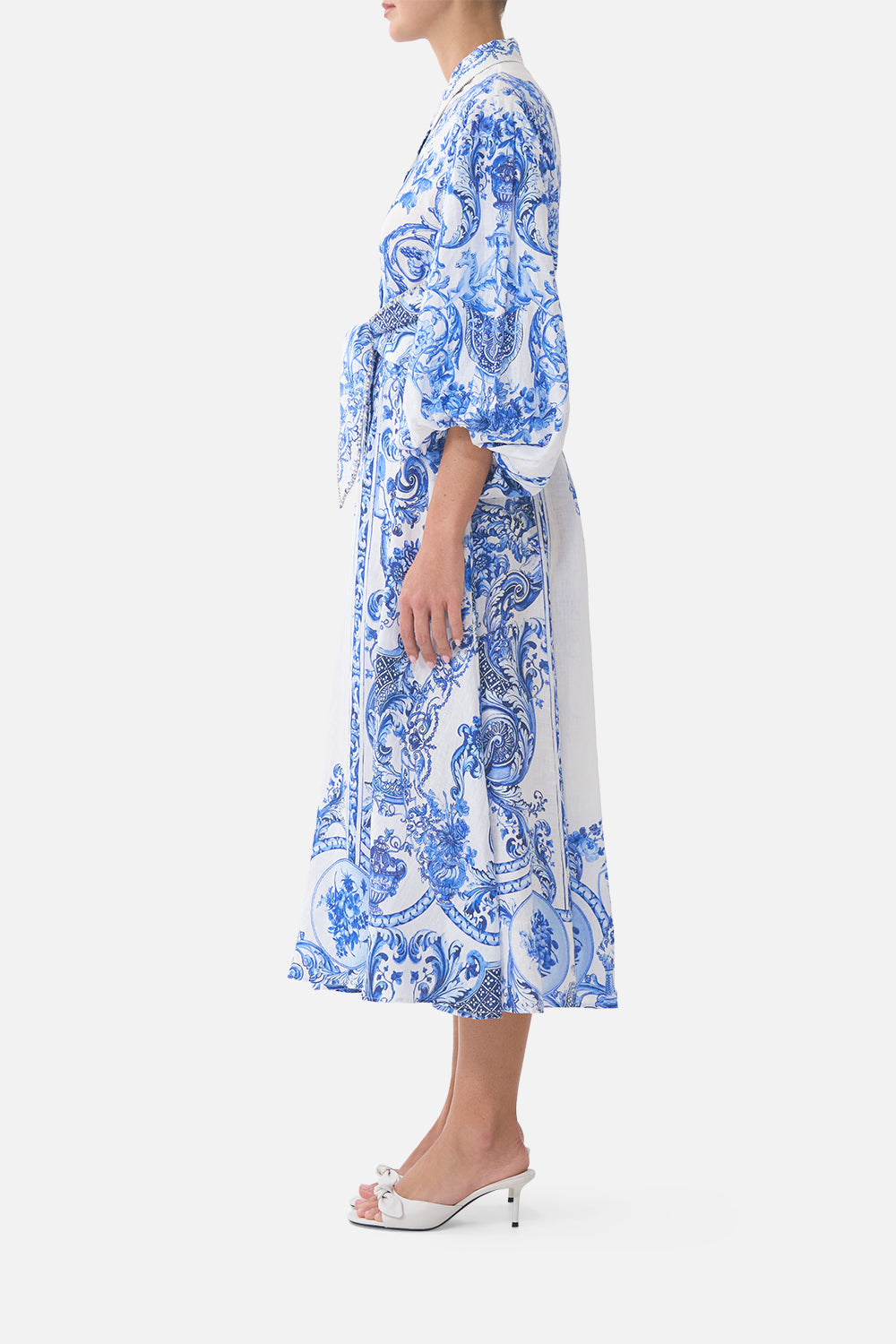 VESTIDO CAMISERO CON LAZO EN LA CINTURA Y MANGA ABULLONADA CERAMIC PANORAMIC