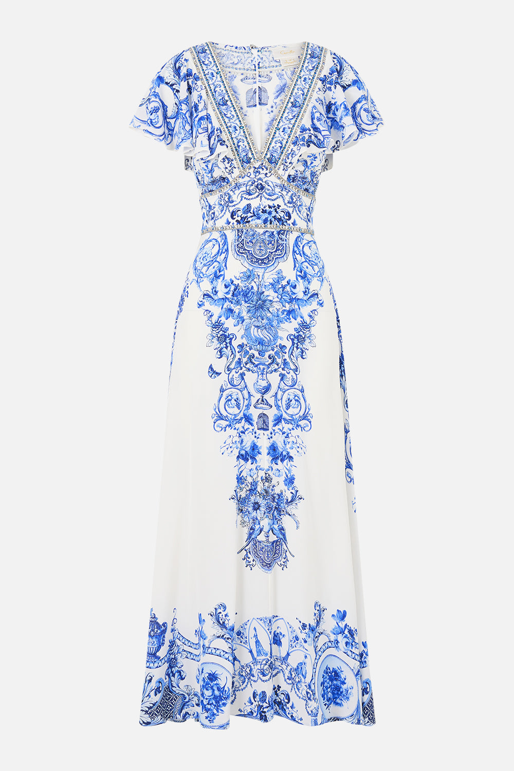 VESTIDO MIDI ENTALLADO CON MANGA DE VOLANTE CERÁMICA PANORÁMICA