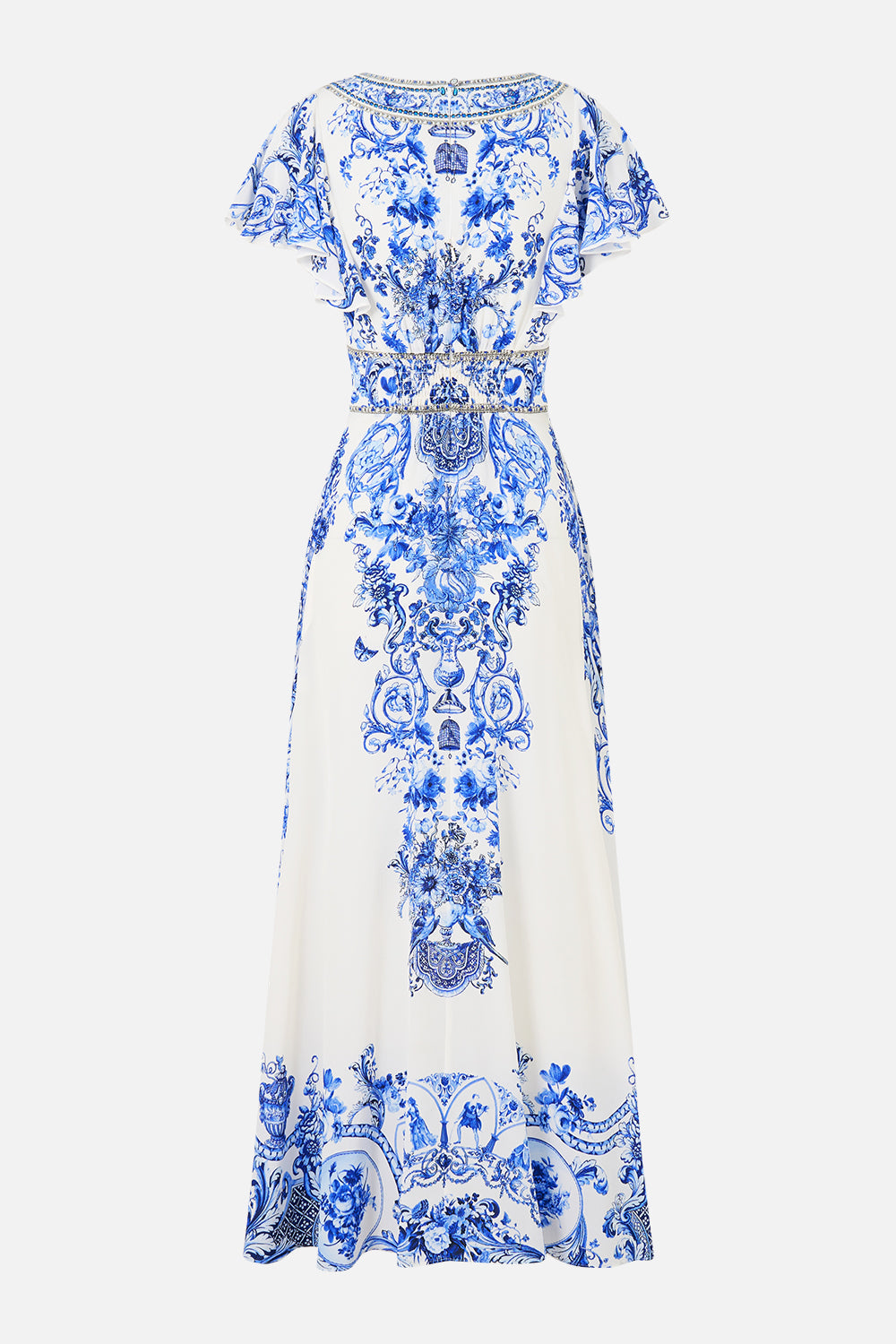 VESTIDO MIDI ENTALLADO CON MANGA DE VOLANTE CERÁMICA PANORÁMICA
