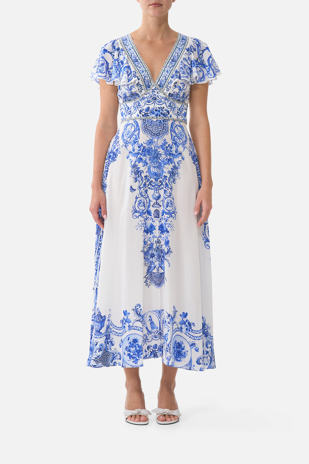 VESTIDO MIDI ENTALLADO CON MANGA DE VOLANTE CERÁMICA PANORÁMICA