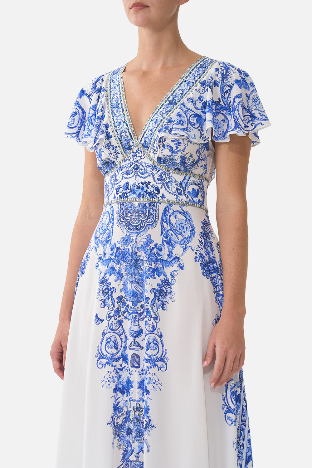 VESTIDO MIDI ENTALLADO CON MANGA DE VOLANTE CERÁMICA PANORÁMICA
