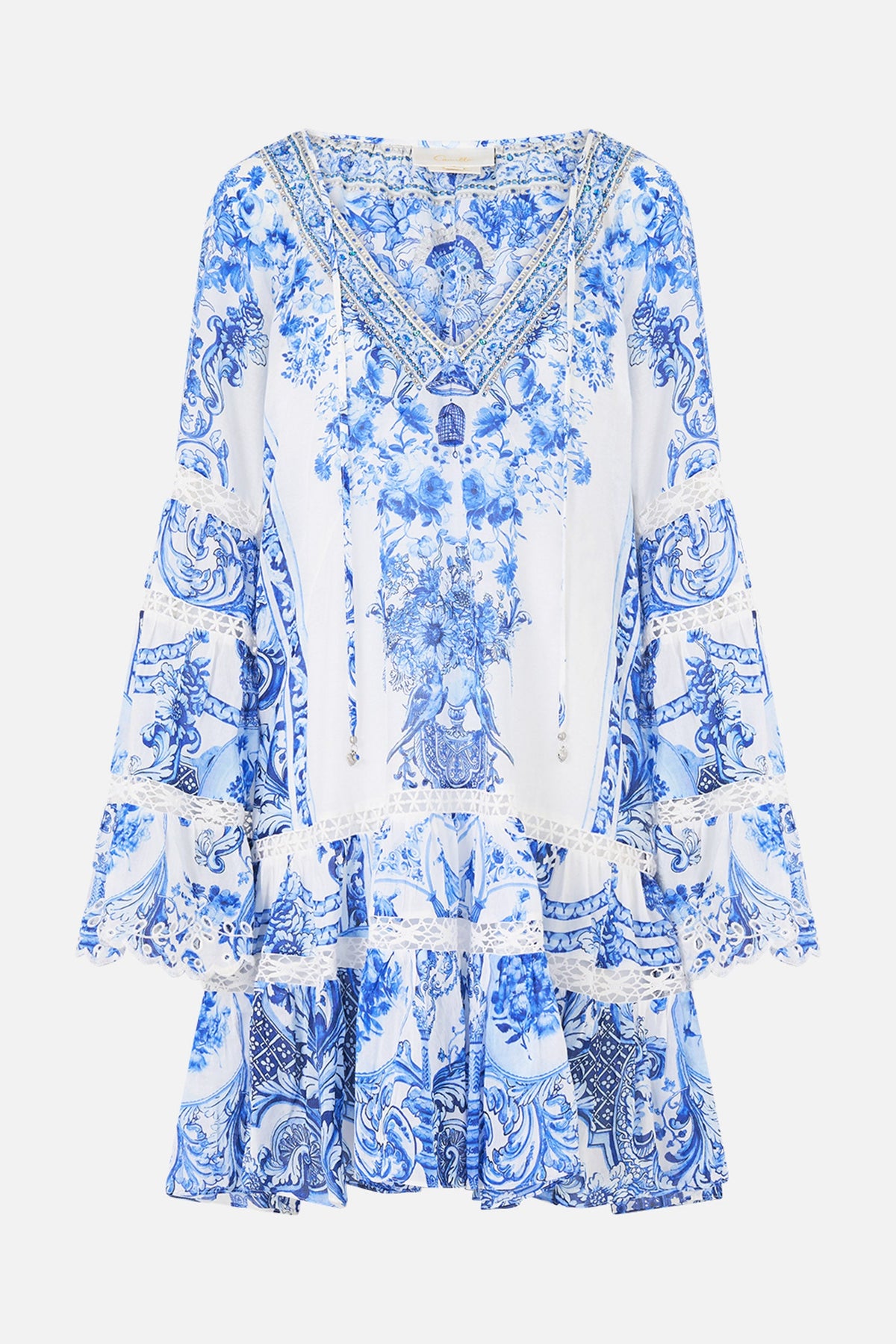 The CAMILLA a line gathered panel dress in our print Ceramic Panoramic. Front view.
