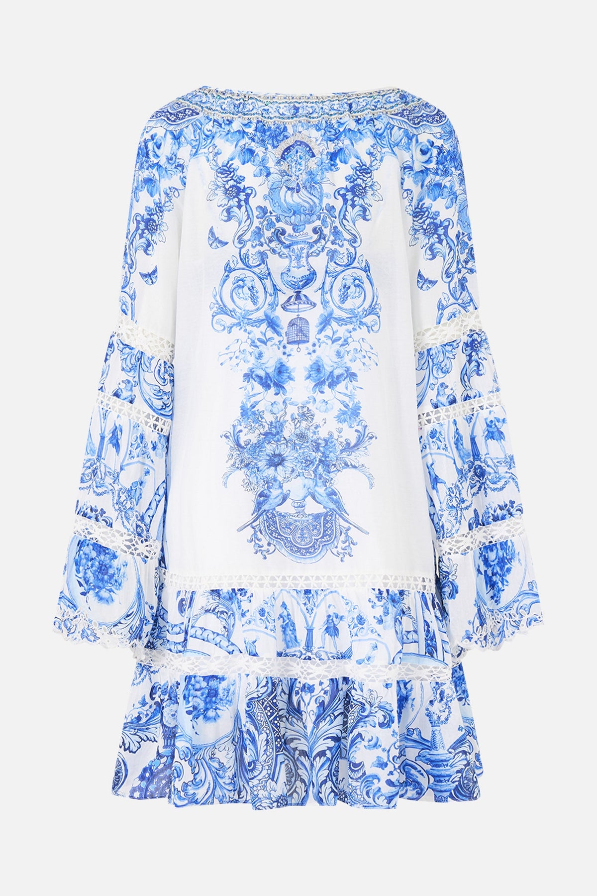 The CAMILLA a line gathered panel dress in our print Ceramic Panoramic.