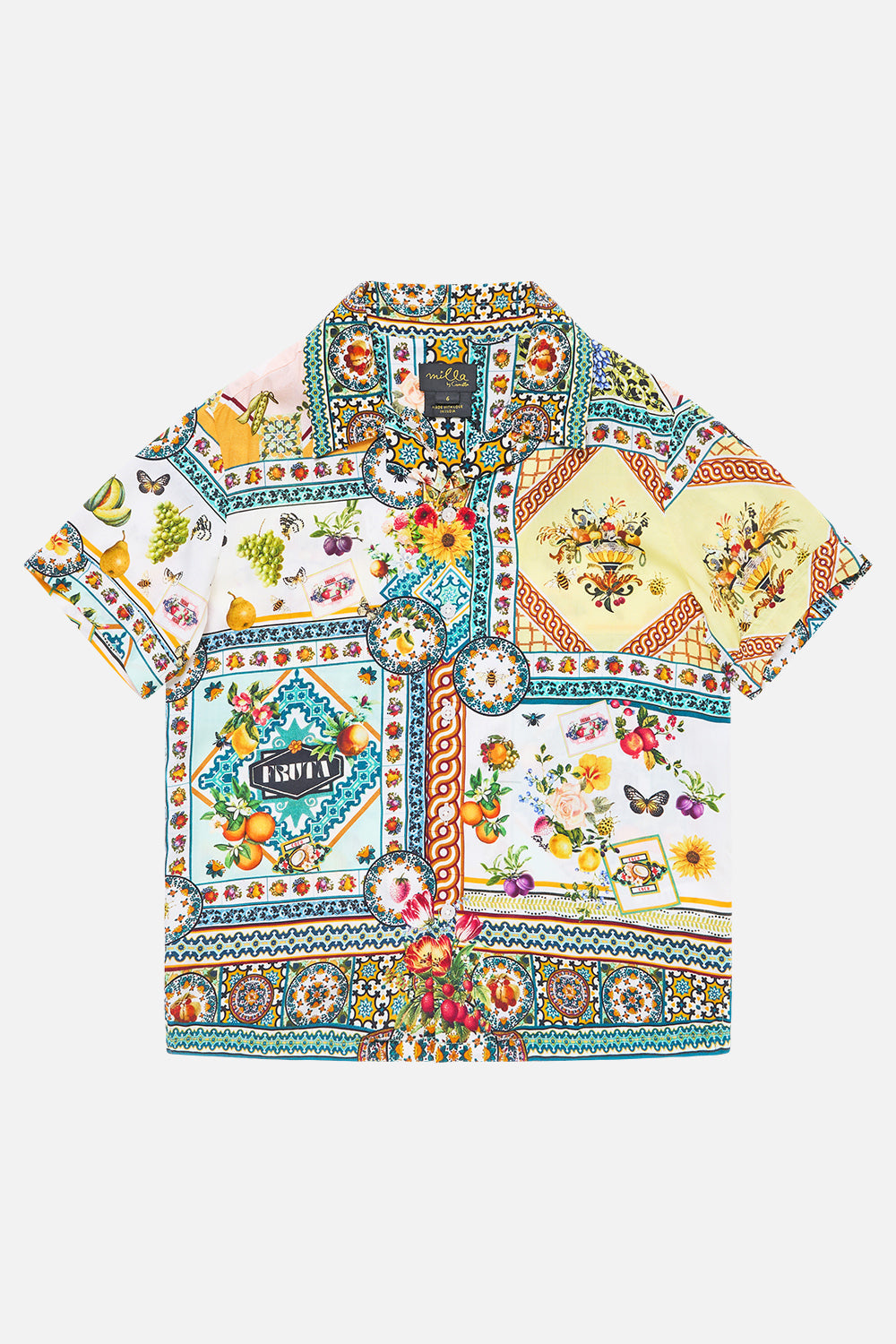 The CAMILLA BOYS SHORT SLEEVE CAMP COLLARED SHIRT MAGIC OF THE MERCADO in our MAGIC OF THE MERCADO print.