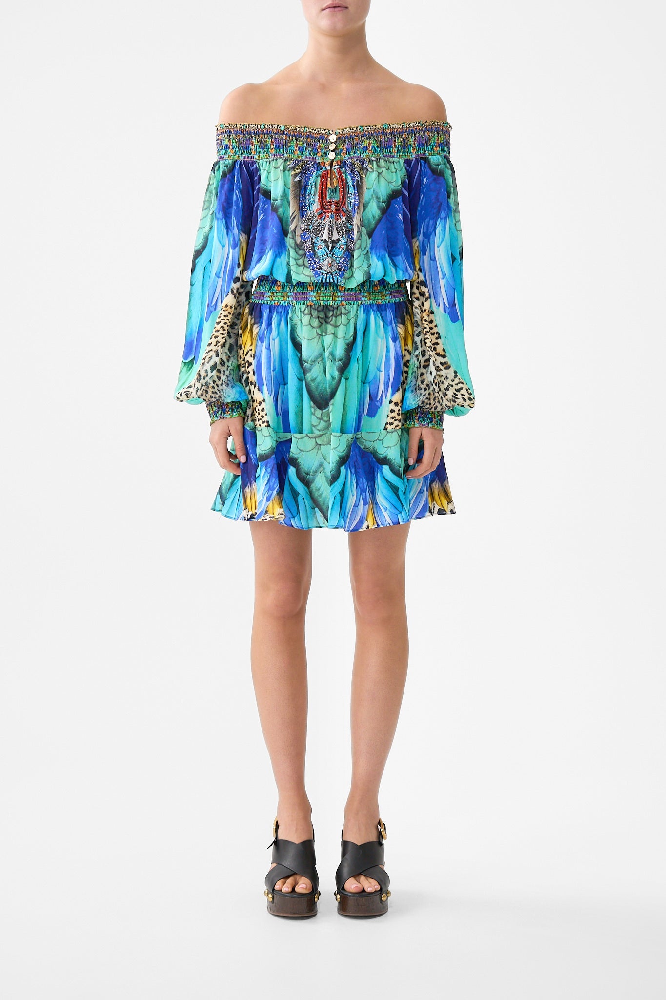 VESTIDO CORTO CON HOMBROS DESCUBIERTOS JUNGLE FLIGHT