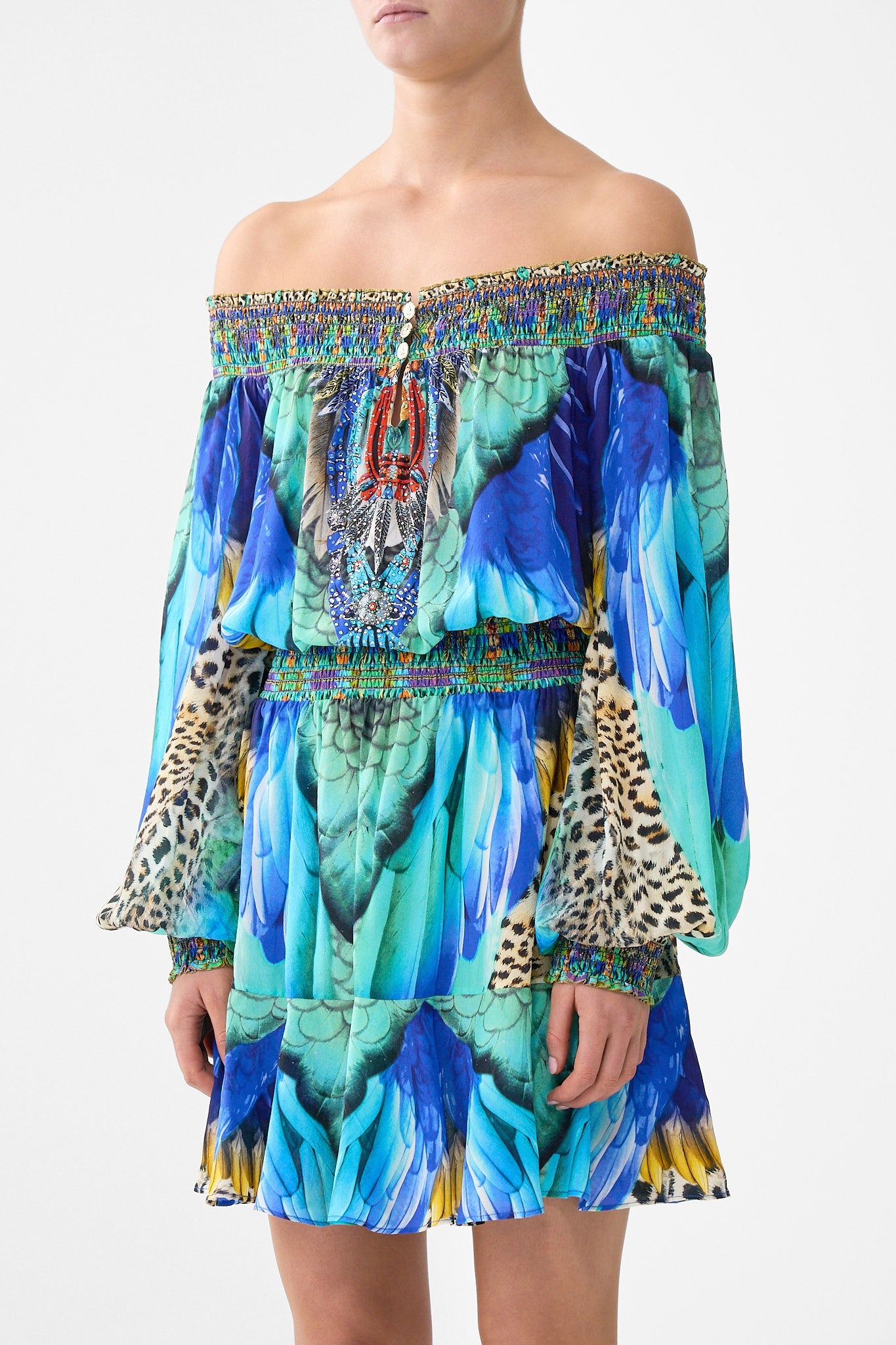 VESTIDO CORTO CON HOMBROS DESCUBIERTOS JUNGLE FLIGHT