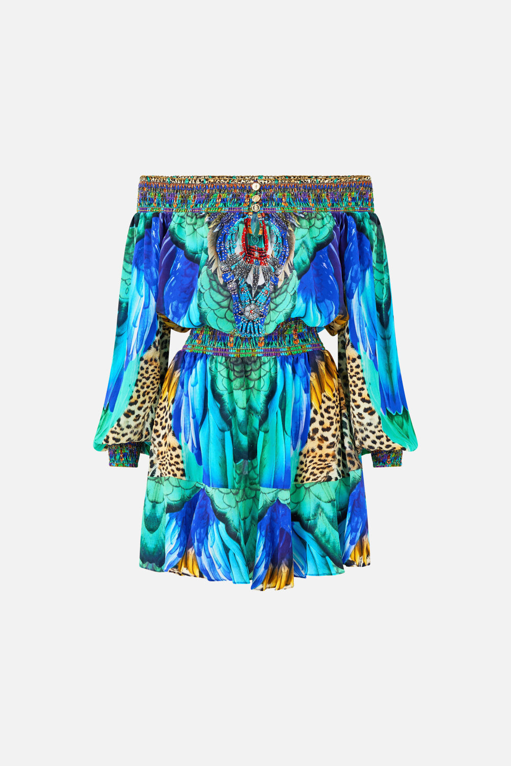 VESTIDO CORTO CON HOMBROS DESCUBIERTOS JUNGLE FLIGHT