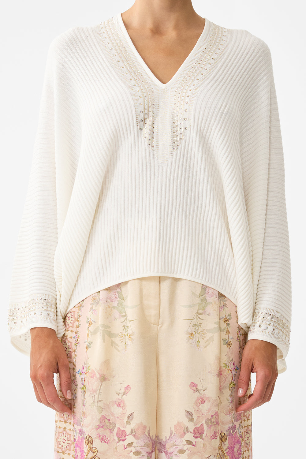 The CAMILLA RELAXED V NECK KNIT TOP THE HUM OF THE ALHAMBRA in our  print.