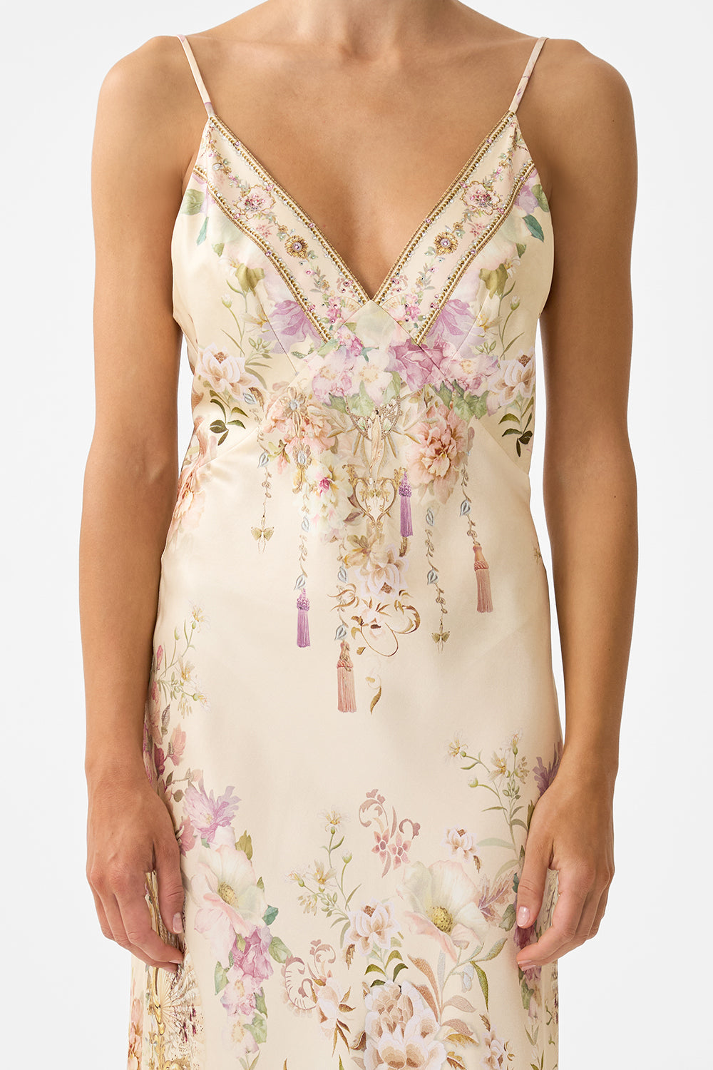 The Adorned In Aranjuez V Neck Full Length Bias Slip Dress
