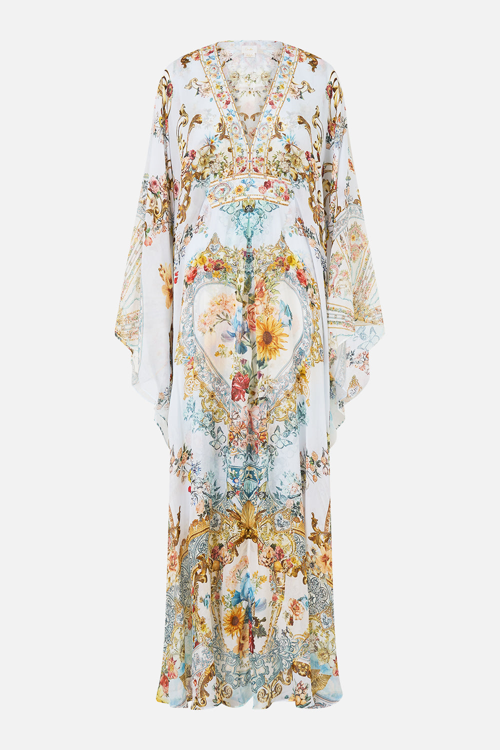 The CAMILLA LONG KAFTAN WITH WAIST DETAIL SEVILLE SWEETHEART in our  print.