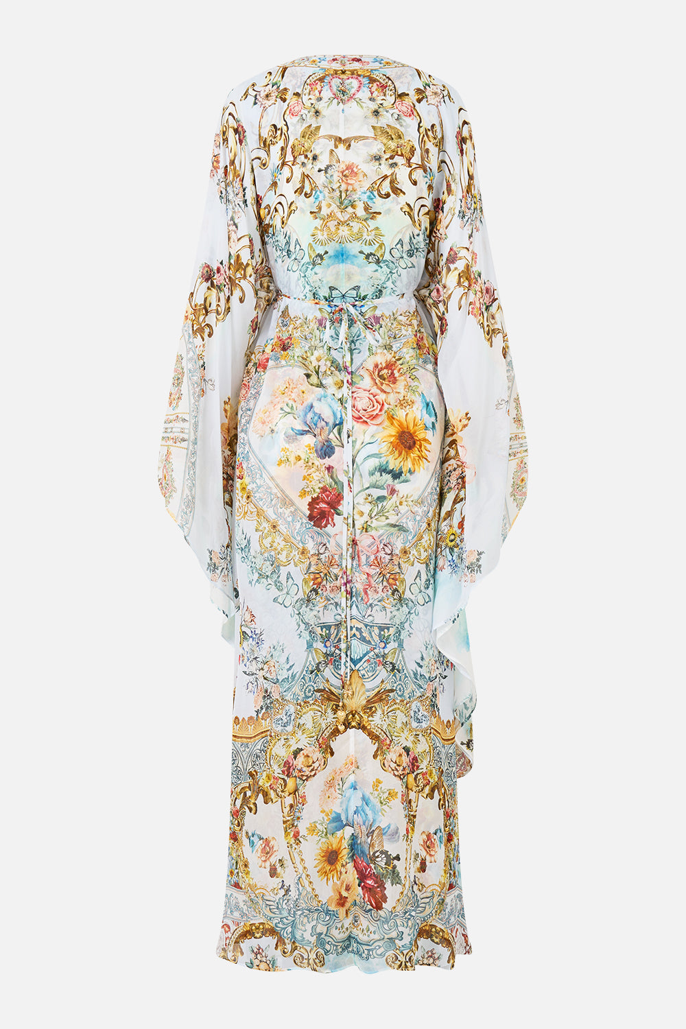 The CAMILLA LONG KAFTAN WITH WAIST DETAIL SEVILLE SWEETHEART in our  print.