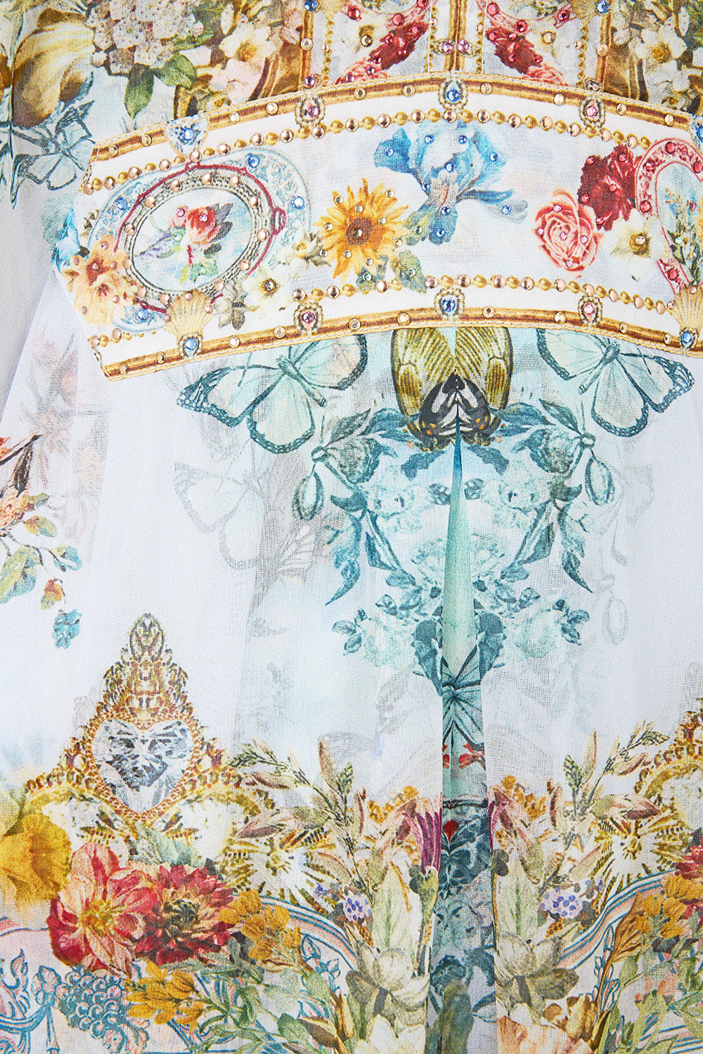 The CAMILLA LONG KAFTAN WITH WAIST DETAIL SEVILLE SWEETHEART in our  print.