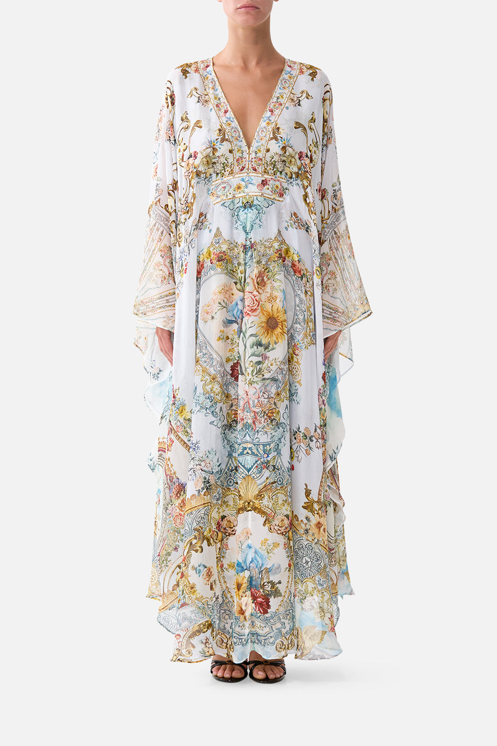 The CAMILLA LONG KAFTAN WITH WAIST DETAIL SEVILLE SWEETHEART in our SEVILLE SWEETHEART print.