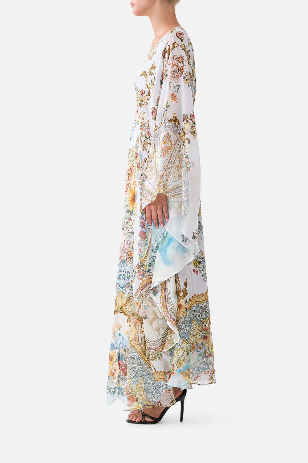 The CAMILLA LONG KAFTAN WITH WAIST DETAIL SEVILLE SWEETHEART in our  print.