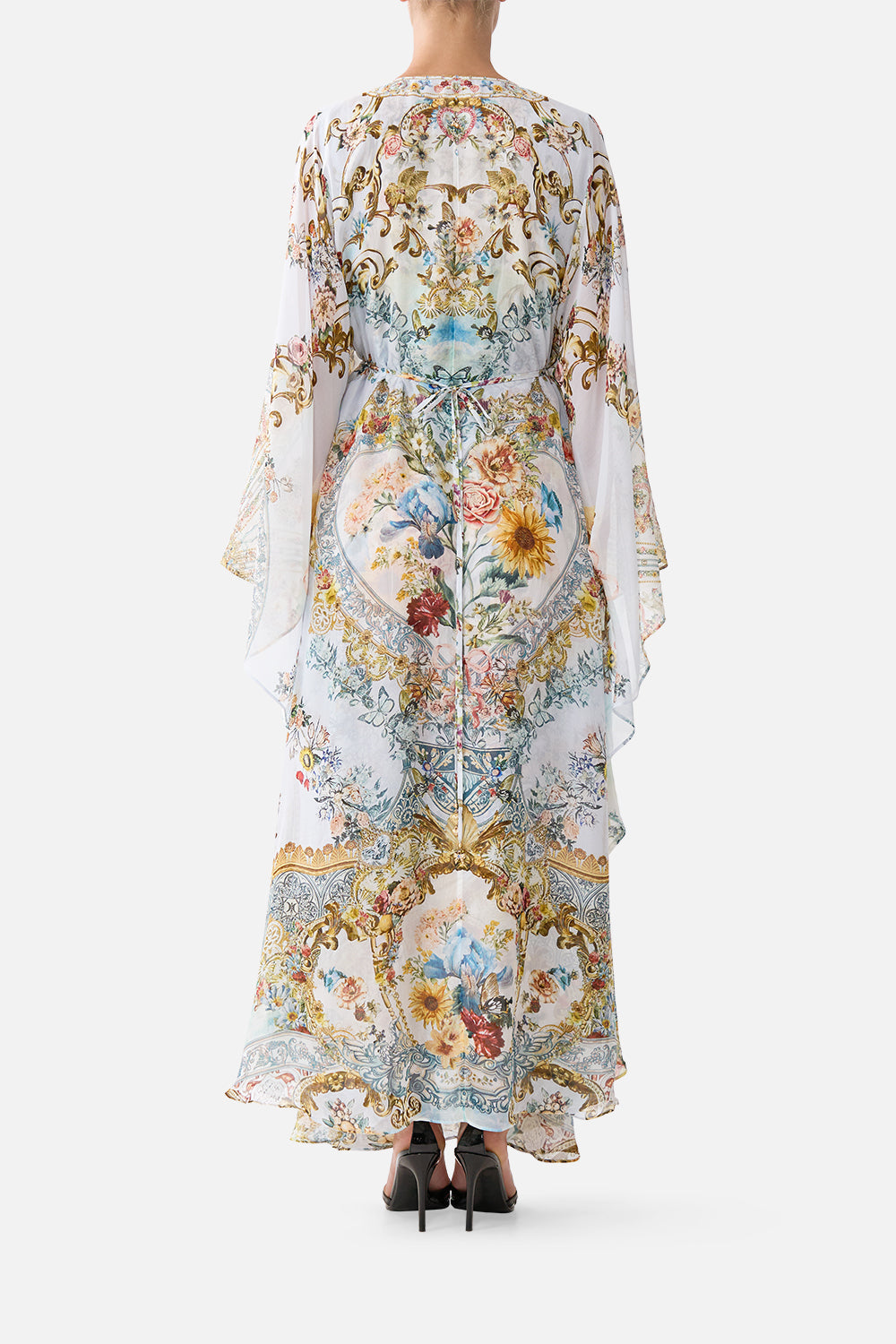 The CAMILLA LONG KAFTAN WITH WAIST DETAIL SEVILLE SWEETHEART in our  print.